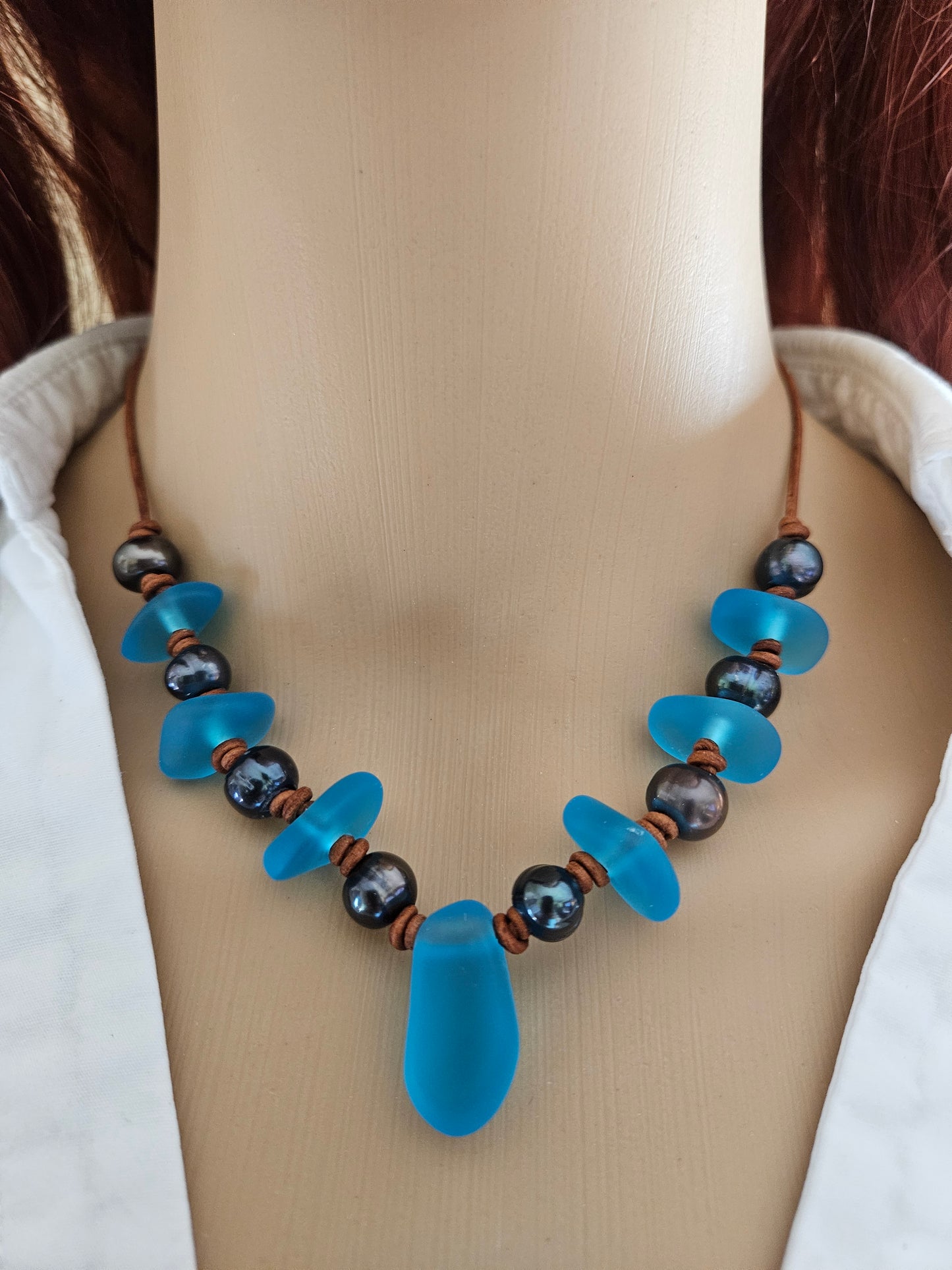 Blue Sea Glass & Peacock Pearl Leather Choker Necklace: Ocean Jewelry