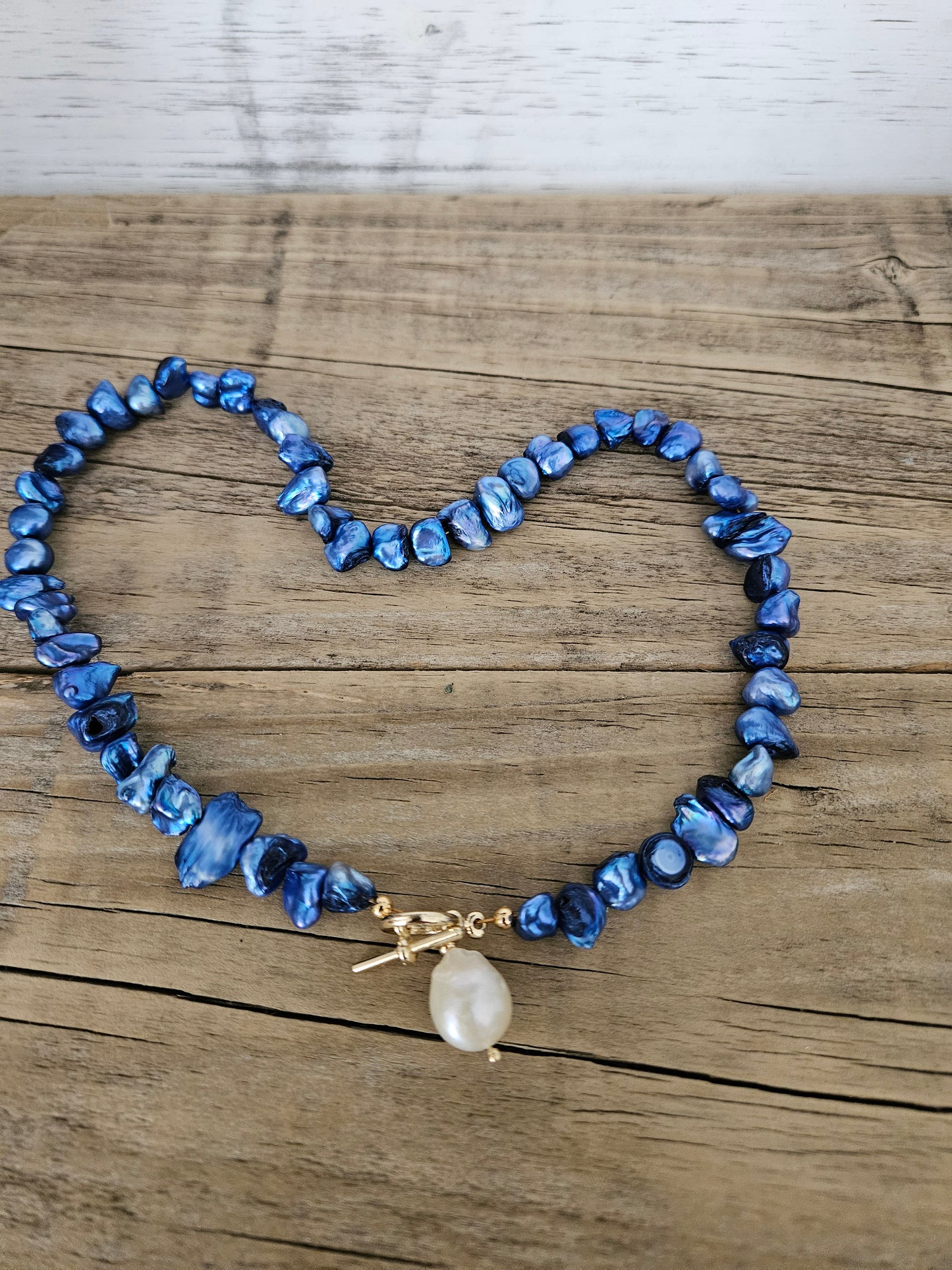 Blue Freshwater Keshi Pearl -Baroque Pearl Toggle Necklace