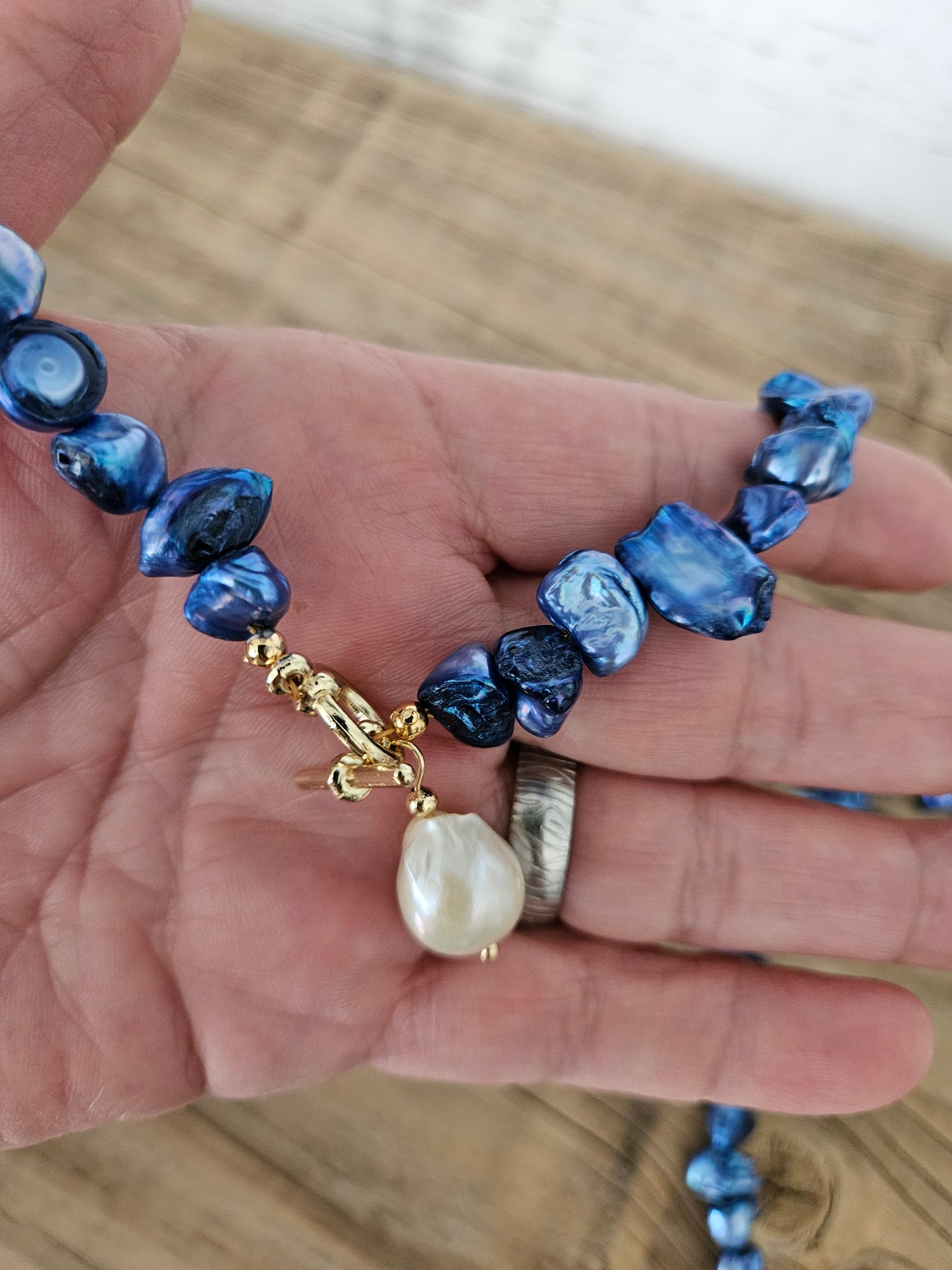 Blue Freshwater Keshi Pearl -Baroque Pearl Toggle Necklace