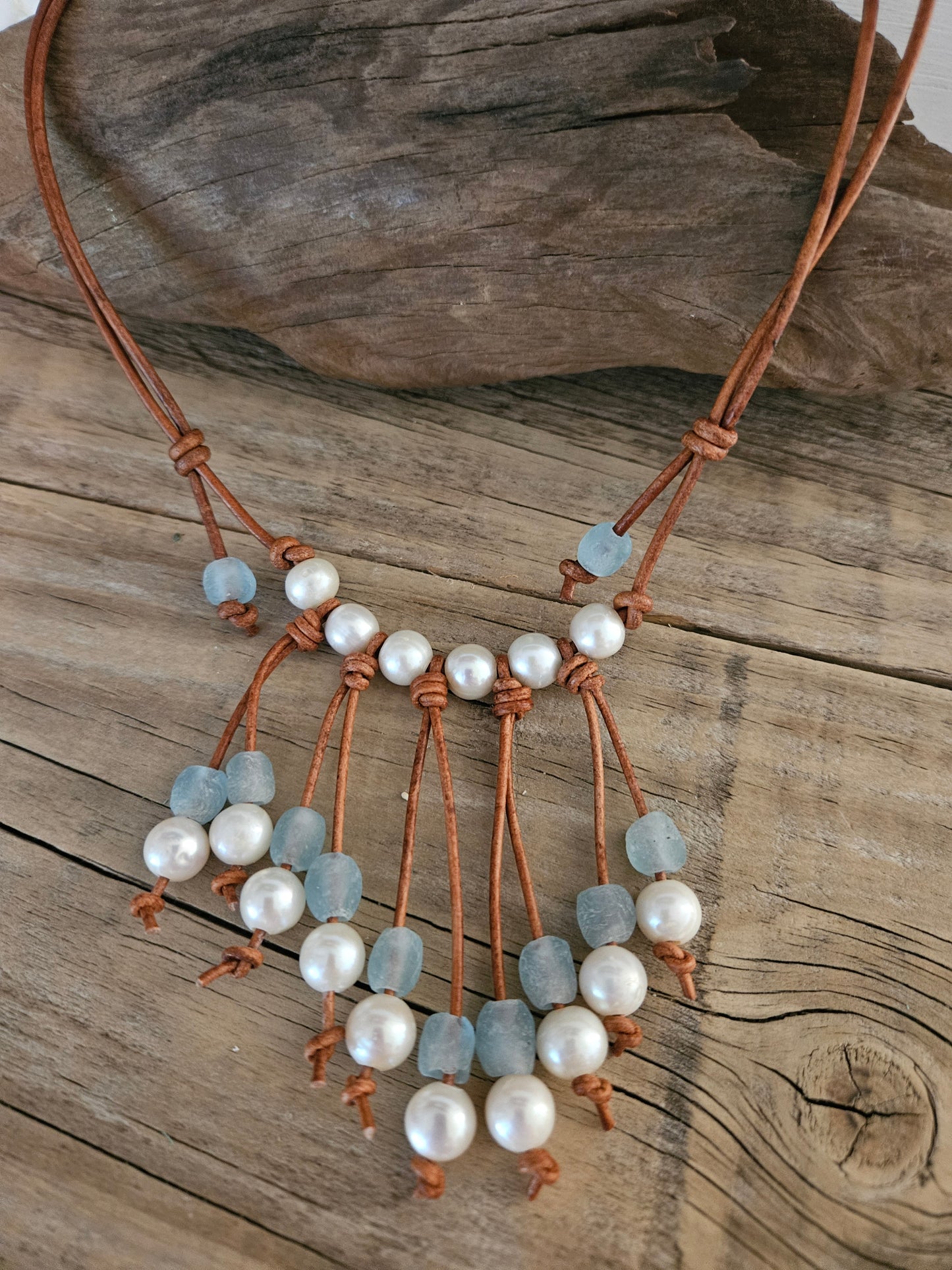 Leather Pearl Necklace: Sea Glass & Freshwater Pearl Fringe