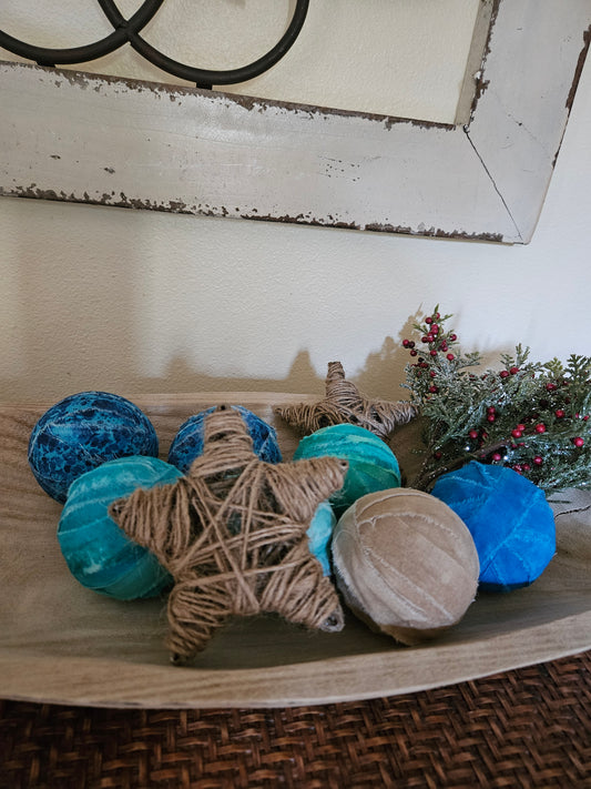 Rustic Beach Cottage Rag Ball & Jute Starfish Holiday Bowl Fillers 9 Piece