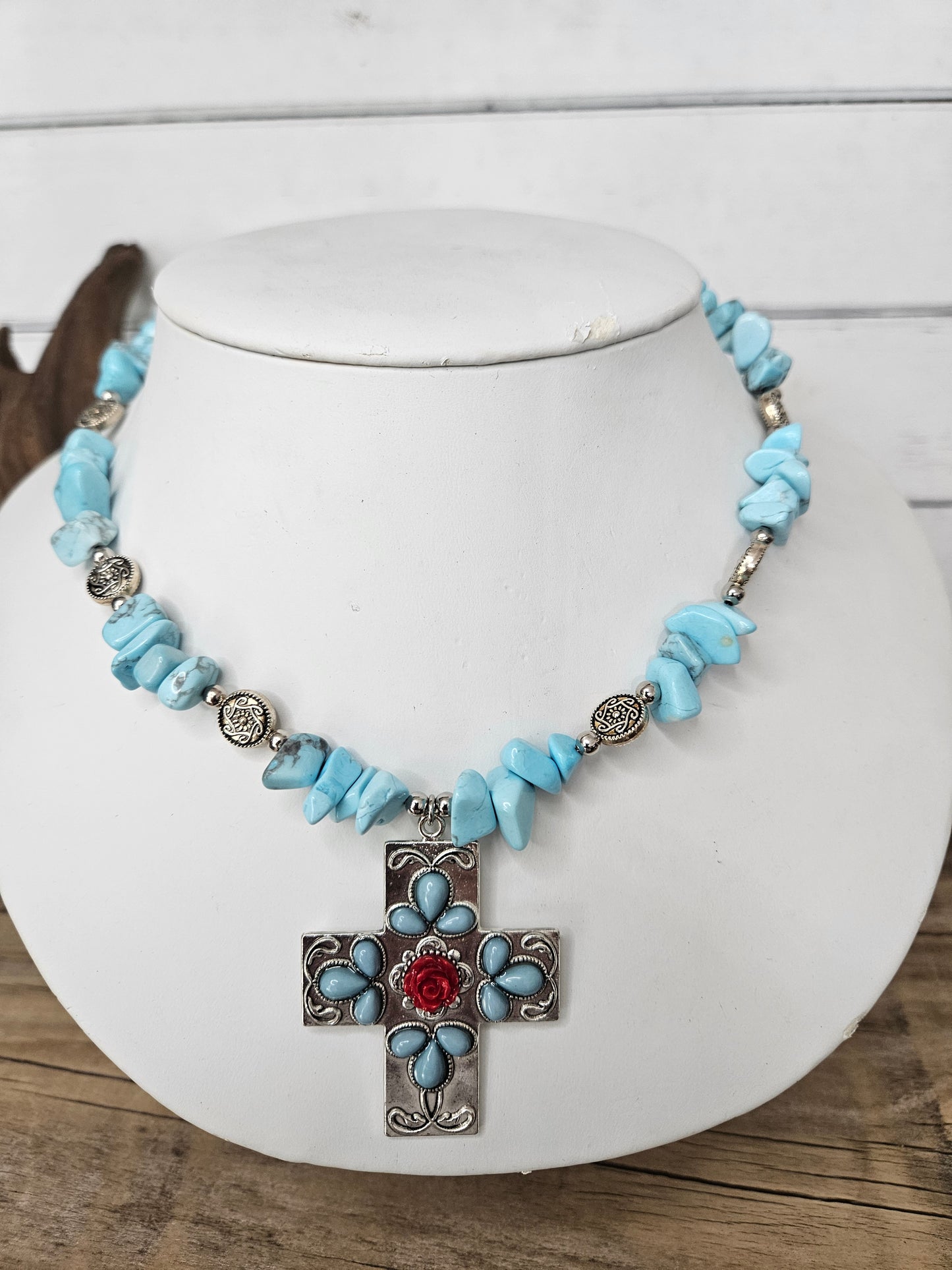 Blue Magnesite Chunky Southwest Theme Cross Pendant Necklace