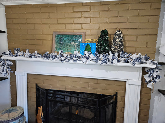 Boho Chic Primitive Farmhouse blue /white Garland ,long Mantel Garland ,Home Décor