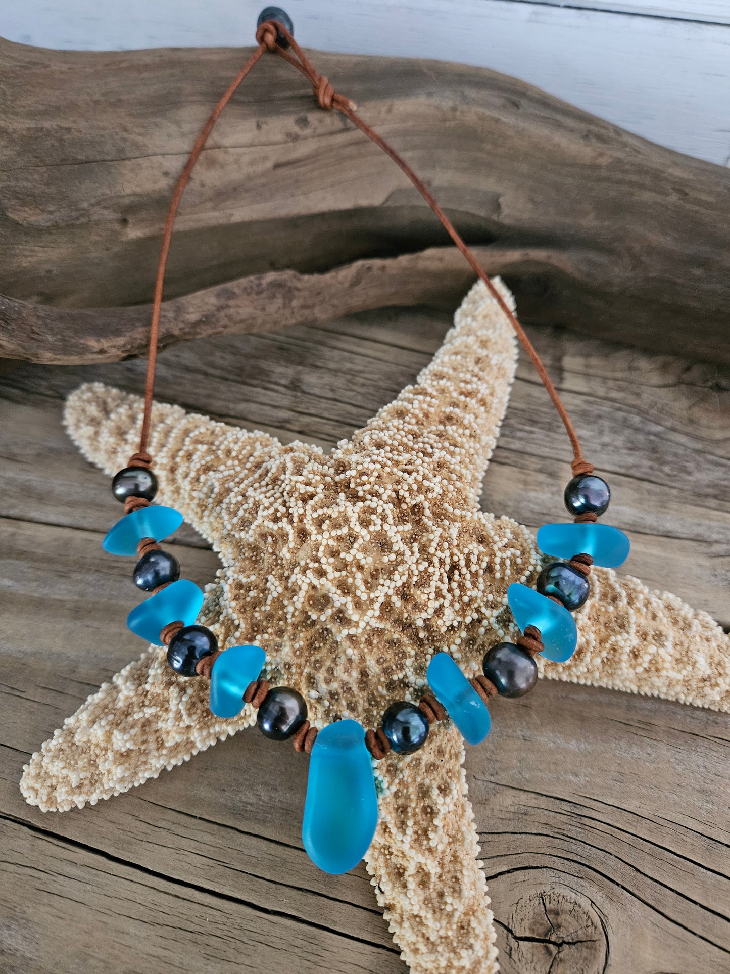 Blue Sea Glass & Peacock Pearl Leather Choker Necklace: Ocean Jewelry