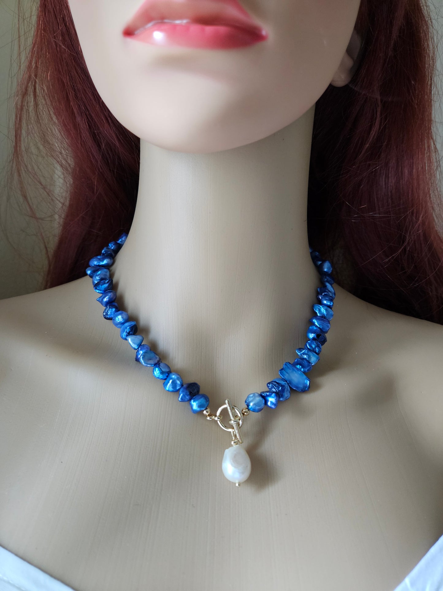 Blue Freshwater Keshi Pearl -Baroque Pearl Toggle Necklace