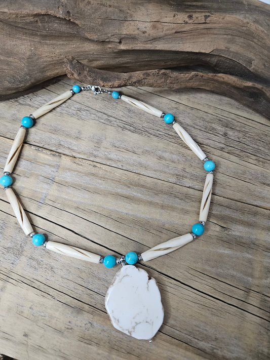 South Western Inspired-White Magnesite Bone Pendent Necklace