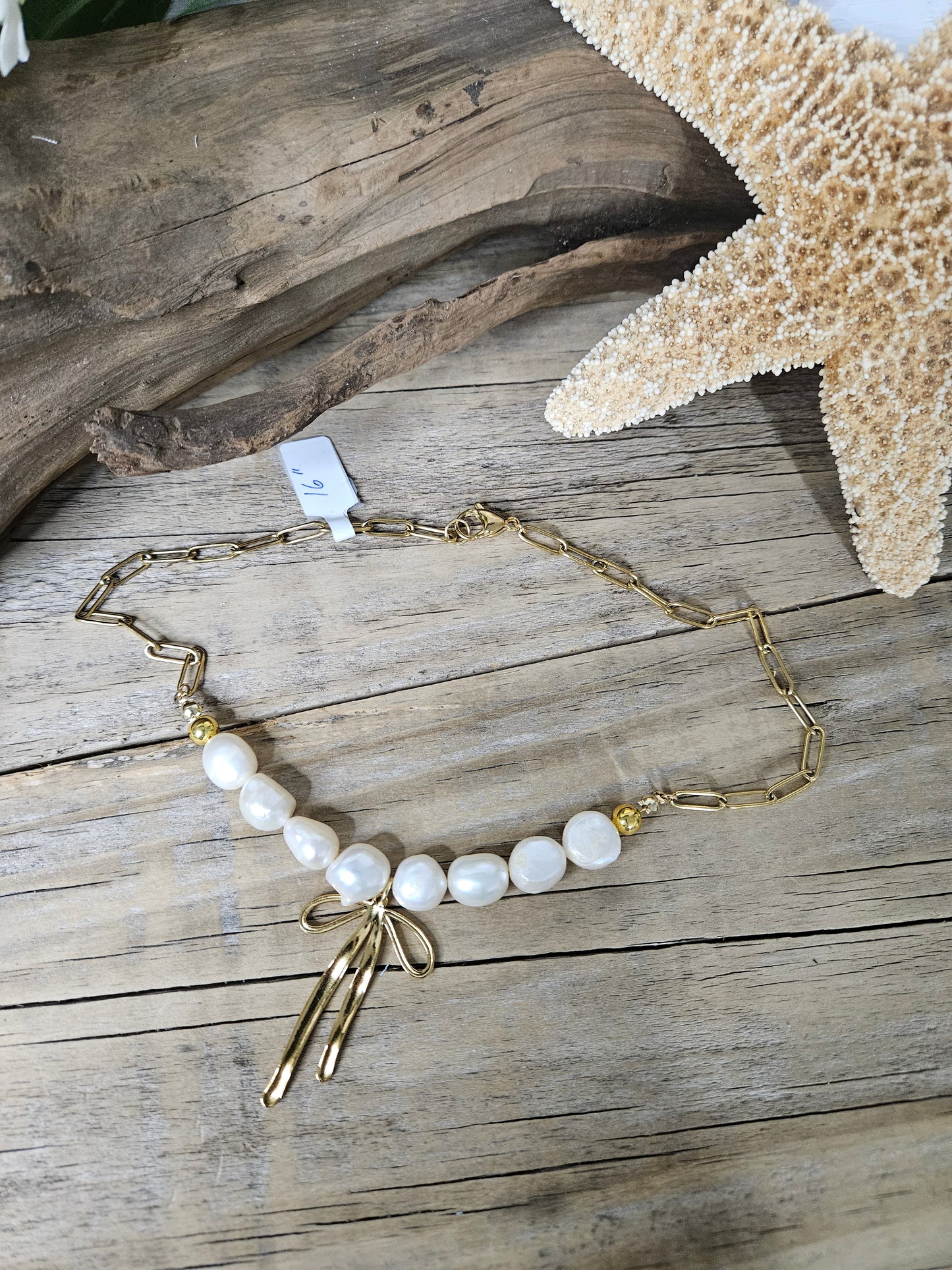Gold Freshwater Baroque Pearl Paperclip Bow Necklace