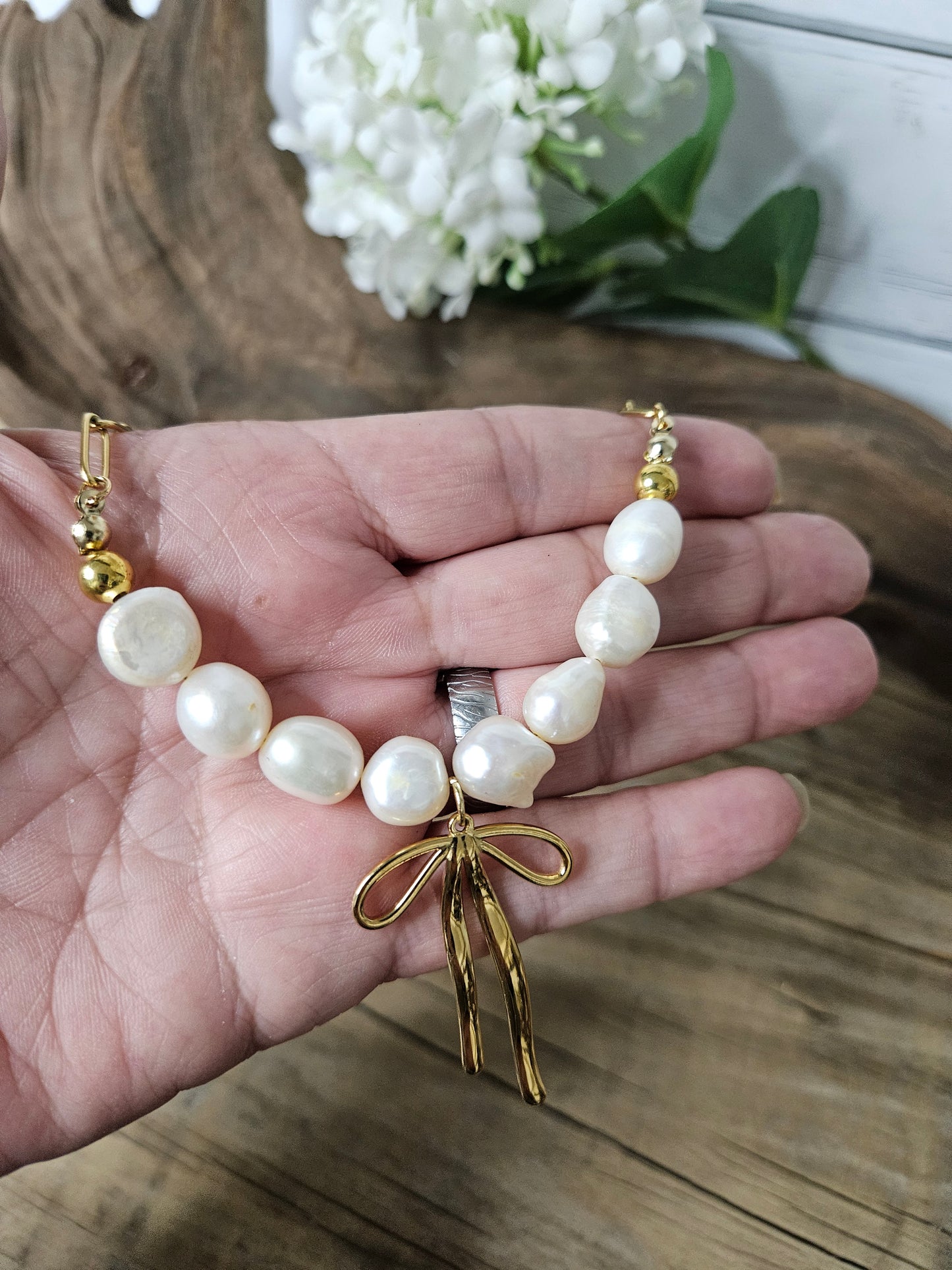 Gold Freshwater Baroque Pearl Paperclip Bow Necklace