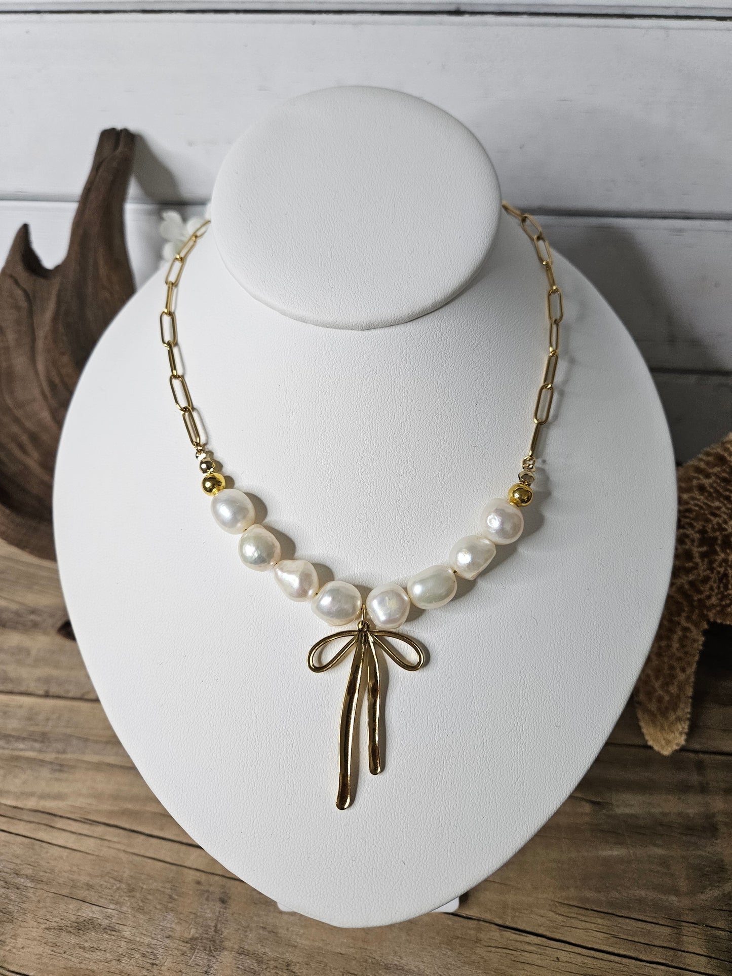 Gold Freshwater Baroque Pearl Paperclip Bow Necklace