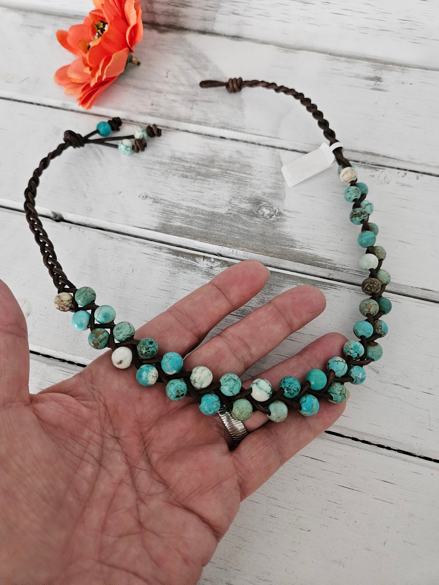 Boho Turquoise Jasper Bead Choker: Braided Leather Necklace
