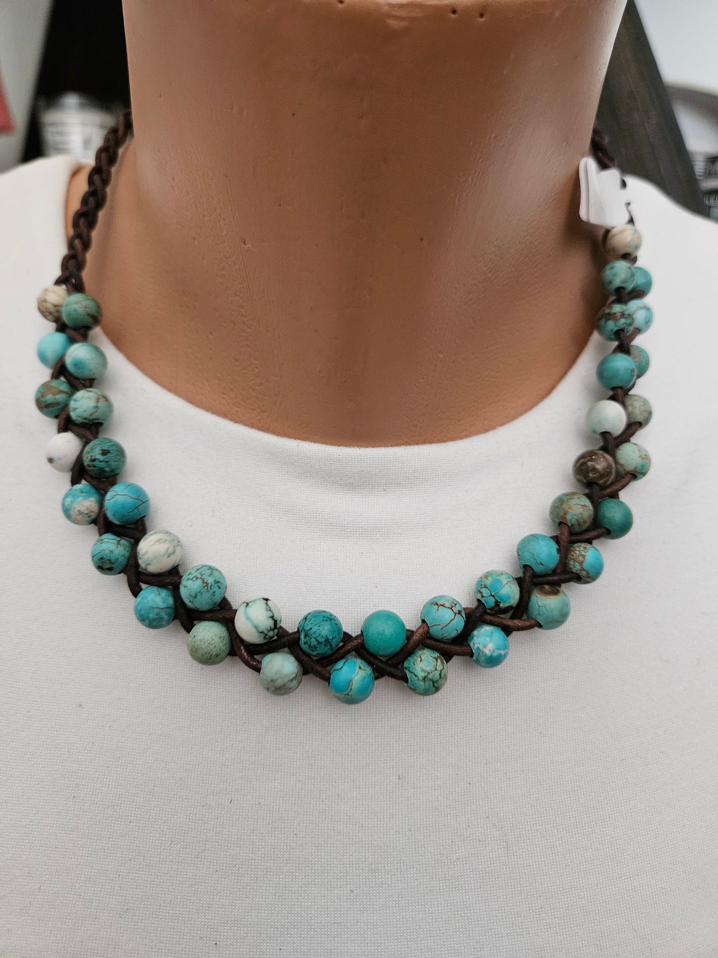 Boho Turquoise Jasper Bead Choker: Braided Leather Necklace