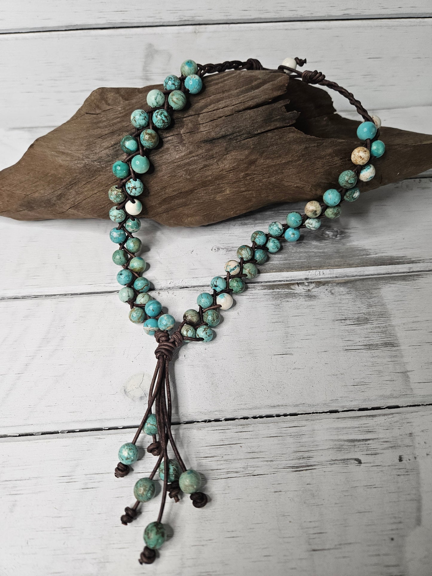 Leather Tassel Necklace: Boho Turquoise African Jasper Stone