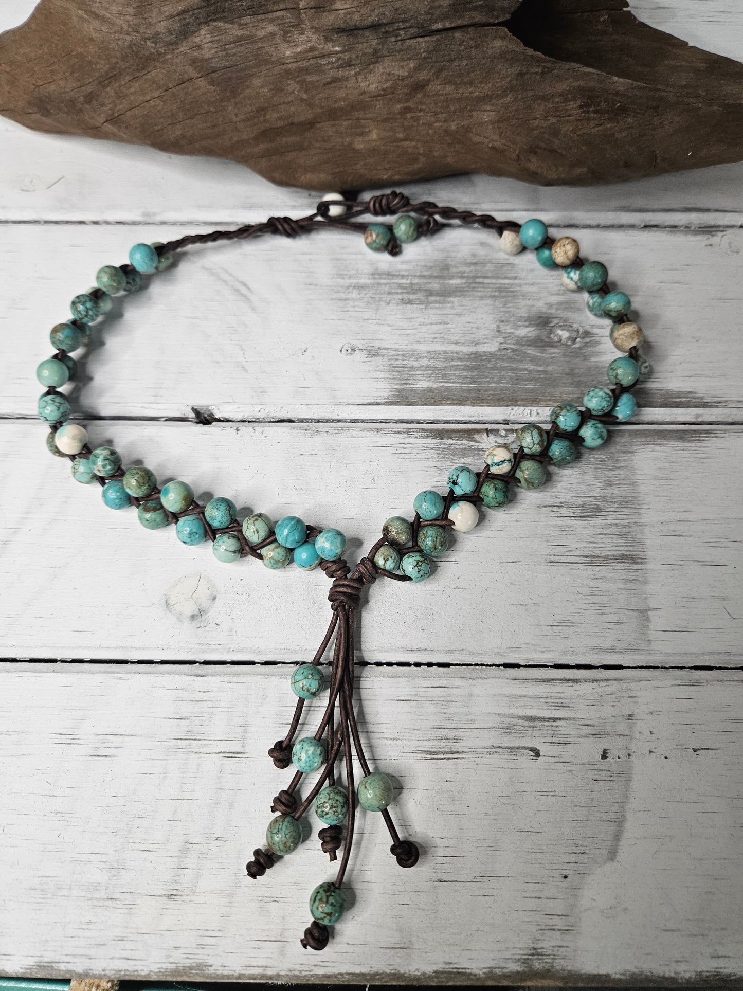 Leather Tassel Necklace: Boho Turquoise African Jasper Stone