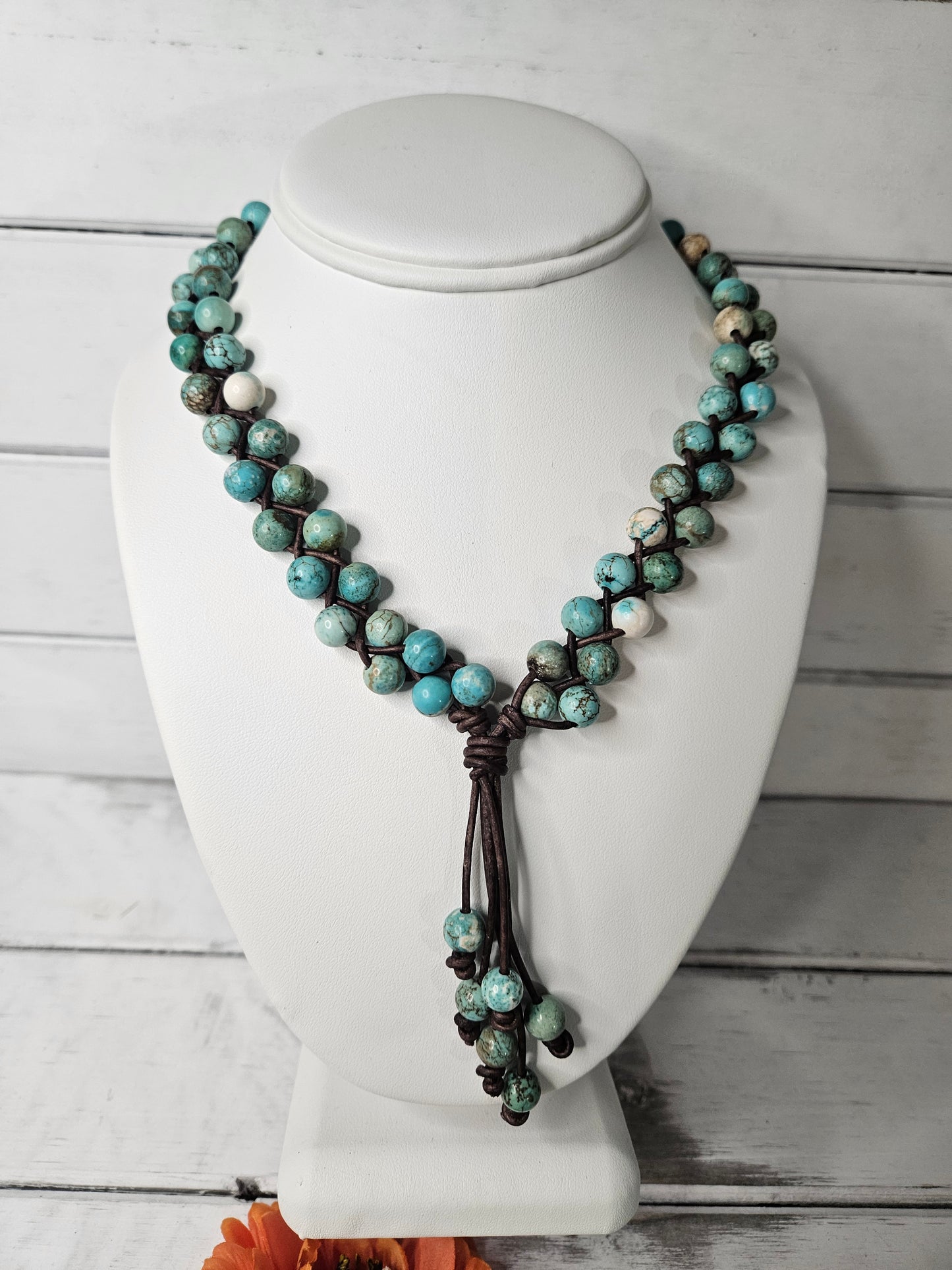 Leather Tassel Necklace: Boho Turquoise African Jasper Stone