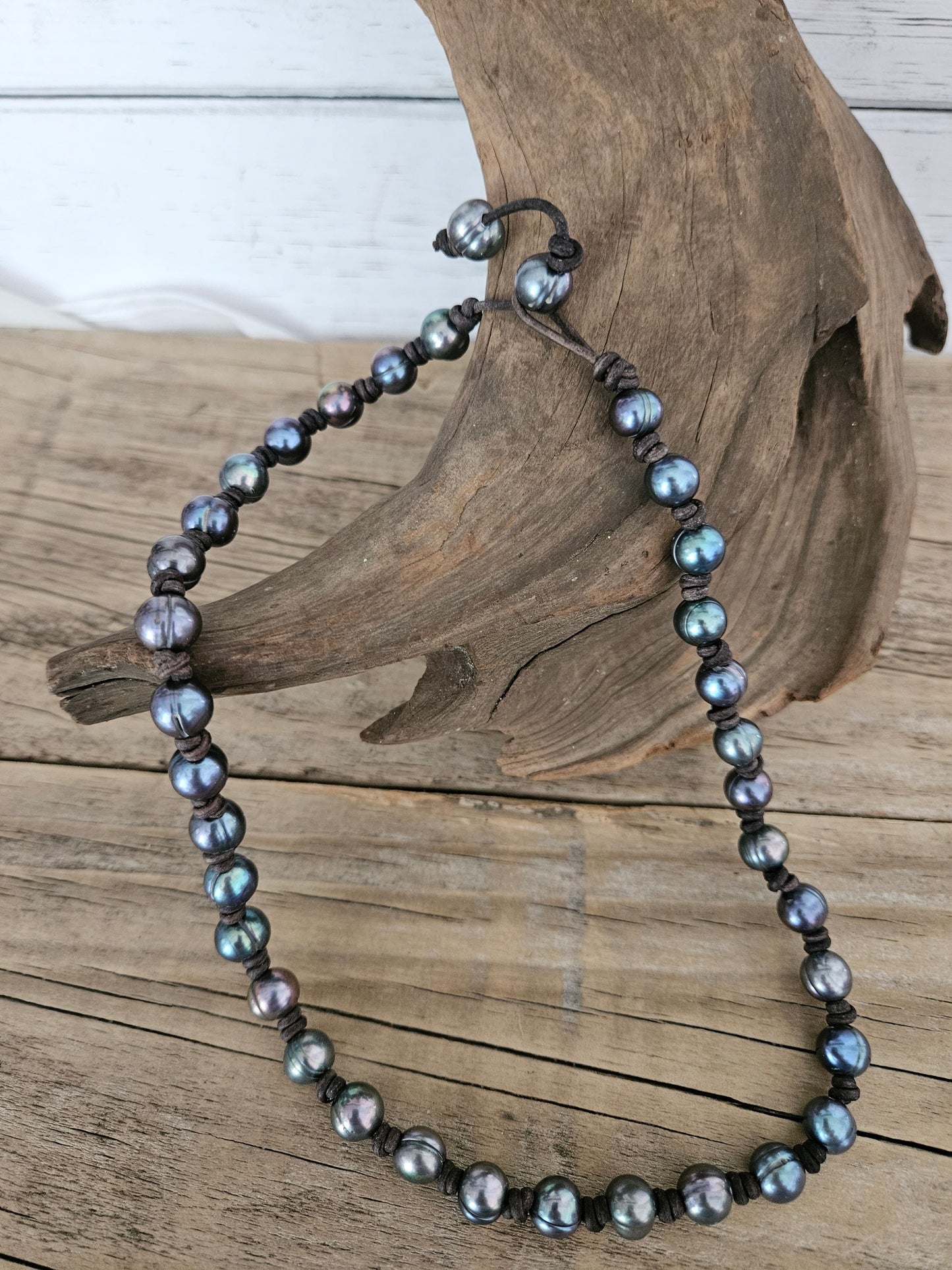 Leather & Black Peacock Freshwater Pearl Knotted Necklace