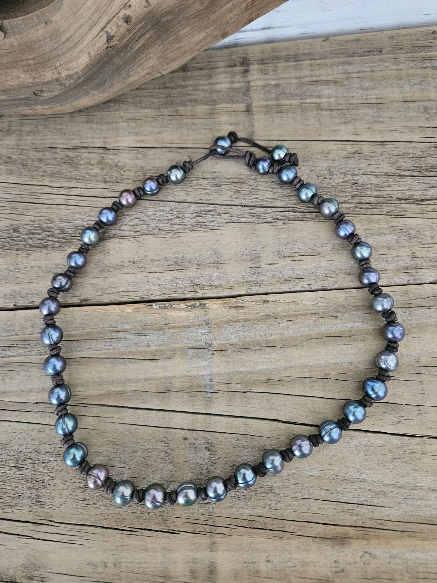 Leather & Black Peacock Freshwater Pearl Knotted Necklace