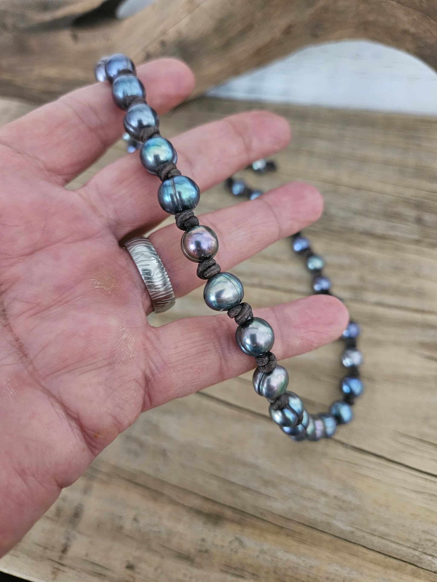 Leather & Black Peacock Freshwater Pearl Knotted Necklace