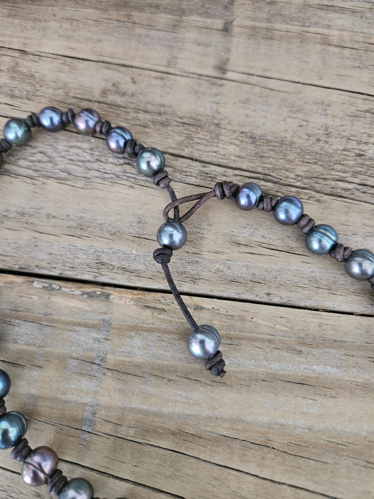 Leather & Black Peacock Freshwater Pearl Knotted Necklace