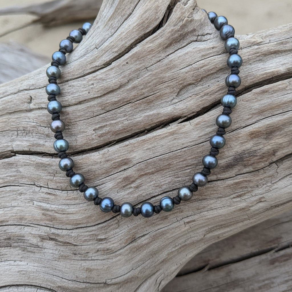 Leather & Black Peacock Freshwater Pearl Knotted Necklace