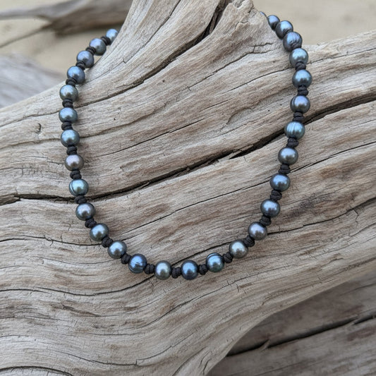 Leather & Black Peacock Freshwater Pearl Knotted Necklace