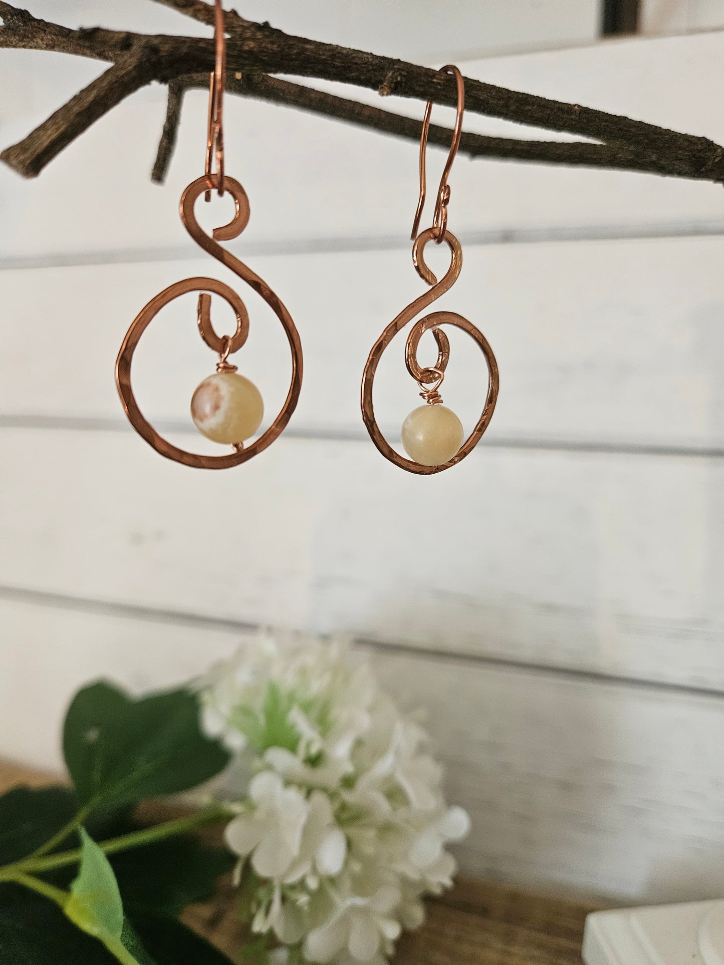 Copper Wire Dangle Earrings with Calcite Bead Minimalistic Jewelry