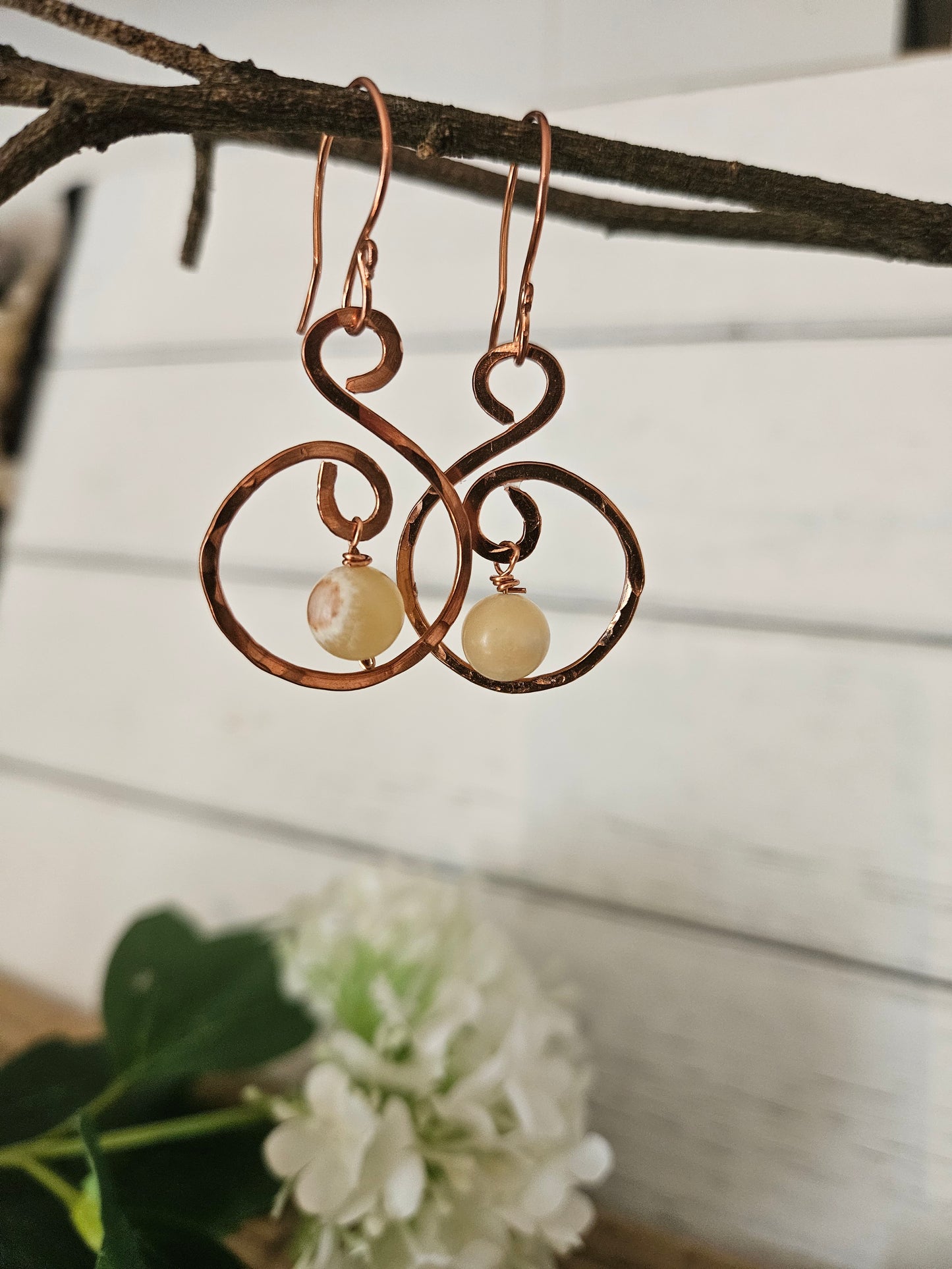 Copper Wire Dangle Earrings with Calcite Bead Minimalistic Jewelry