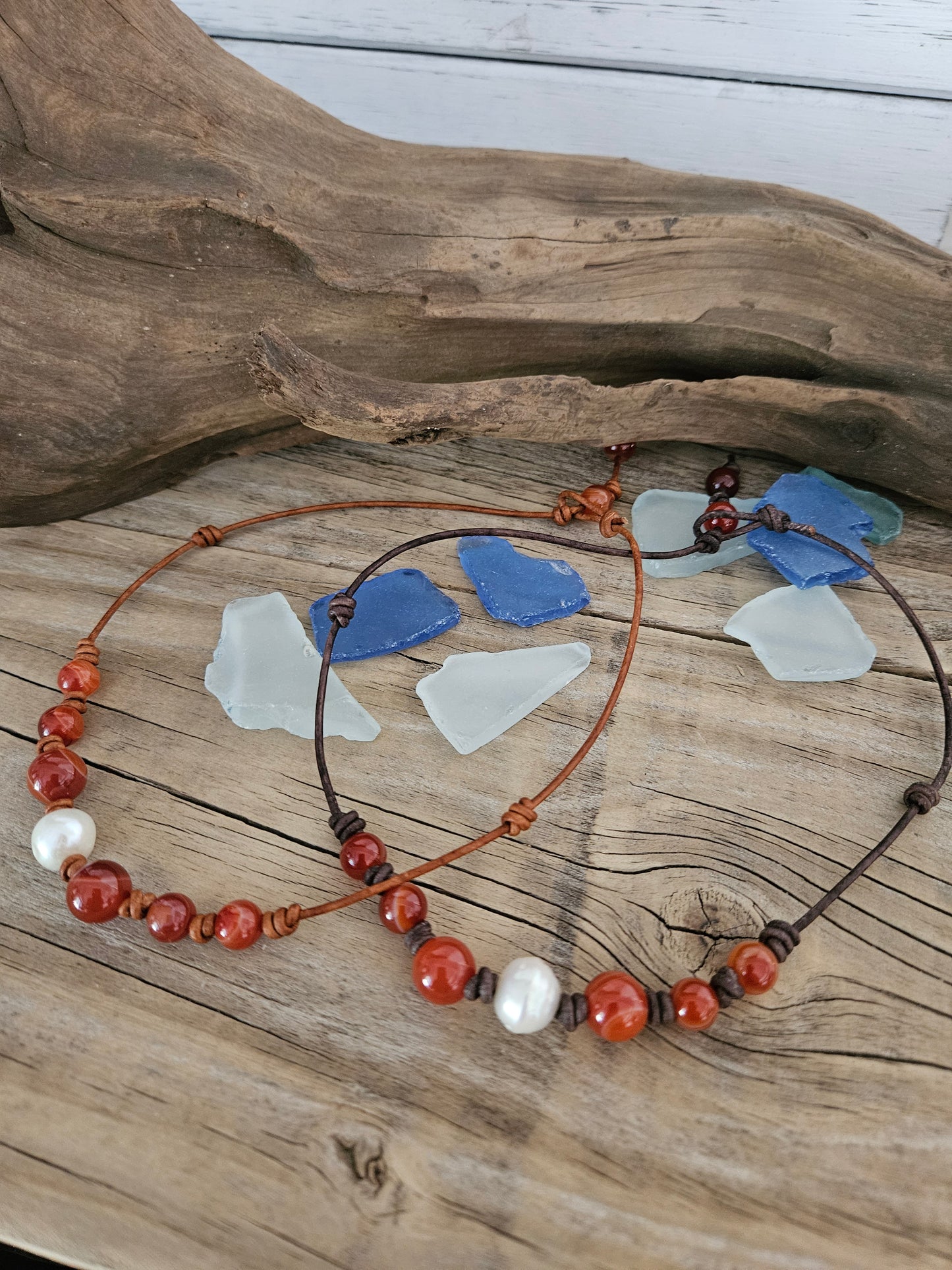 Red Agate & Pearl Leather Choker Necklace