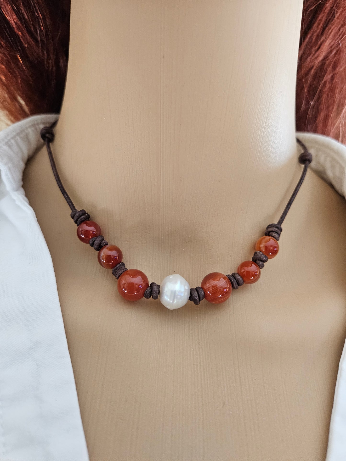 Red Agate & Pearl Leather Choker Necklace