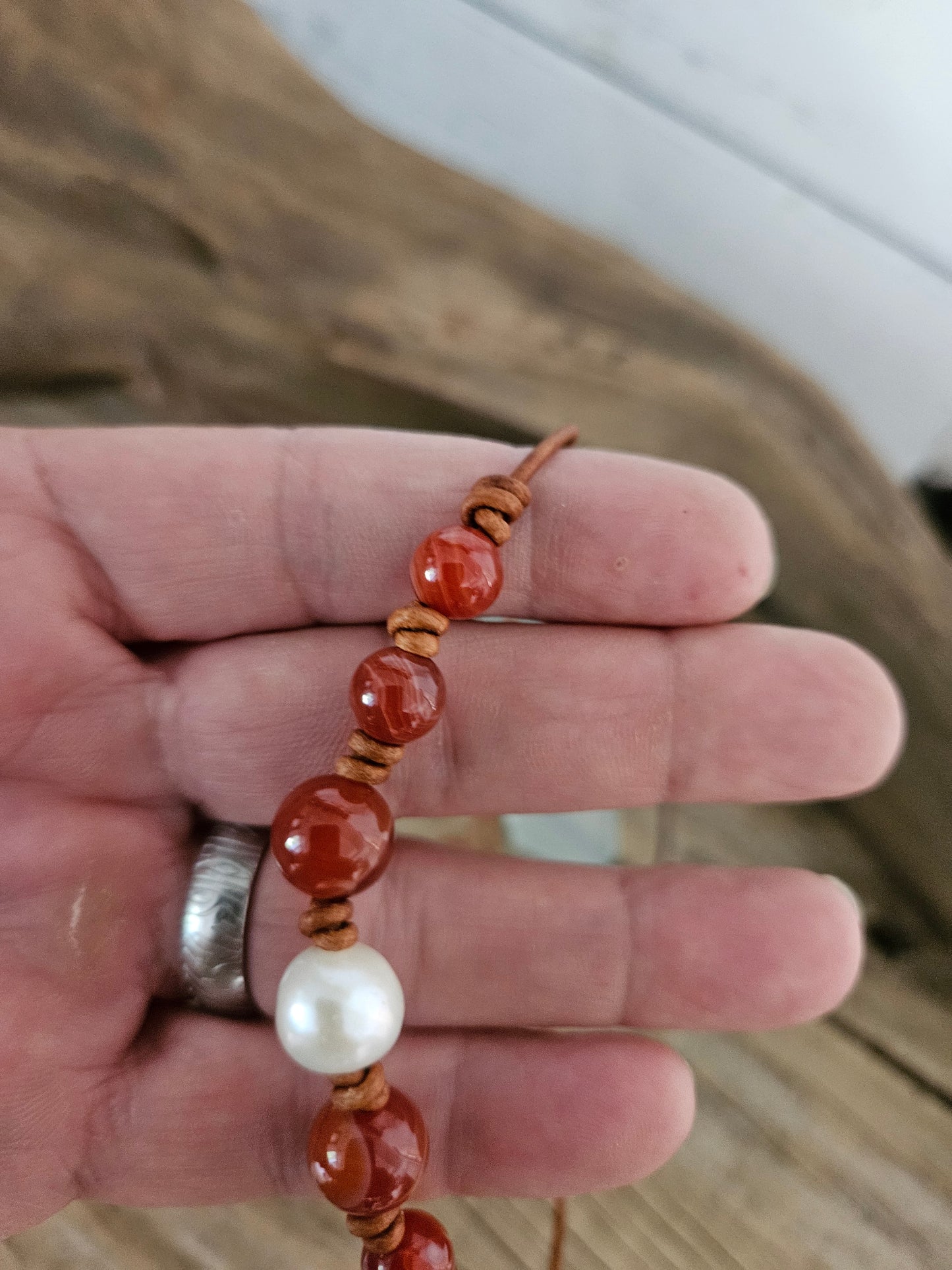 Red Agate & Pearl Leather Choker Necklace