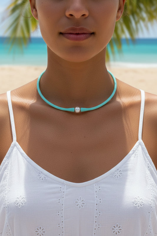 Sea Green Silicone Stretchy Freshwater Pearl Choker Necklace