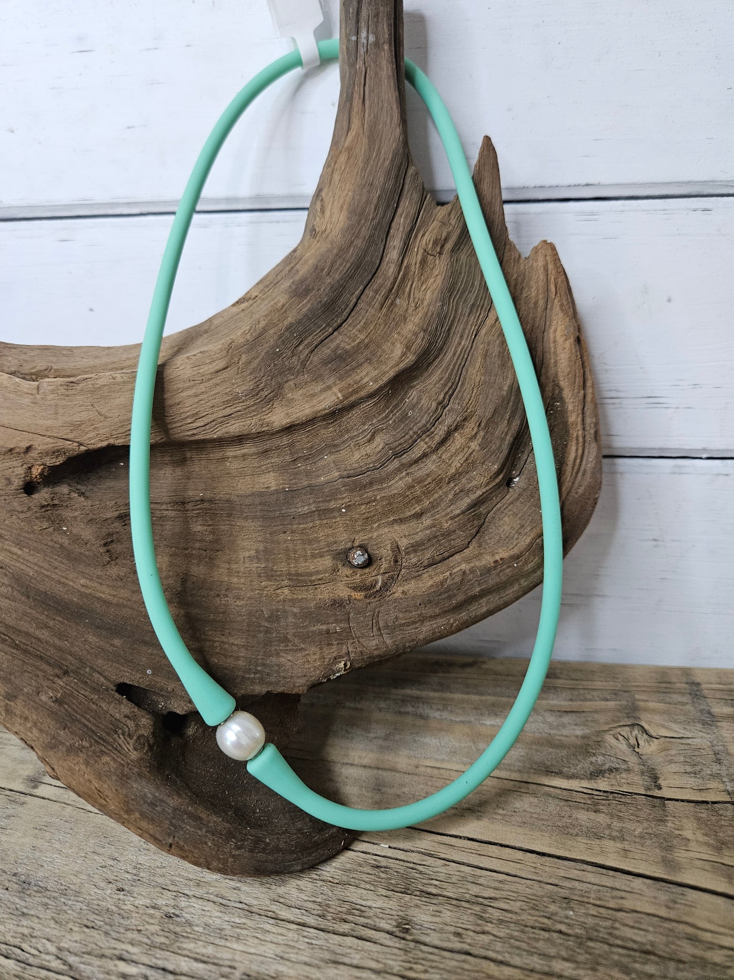 Sea Green Silicone Stretchy Freshwater Pearl Choker Necklace