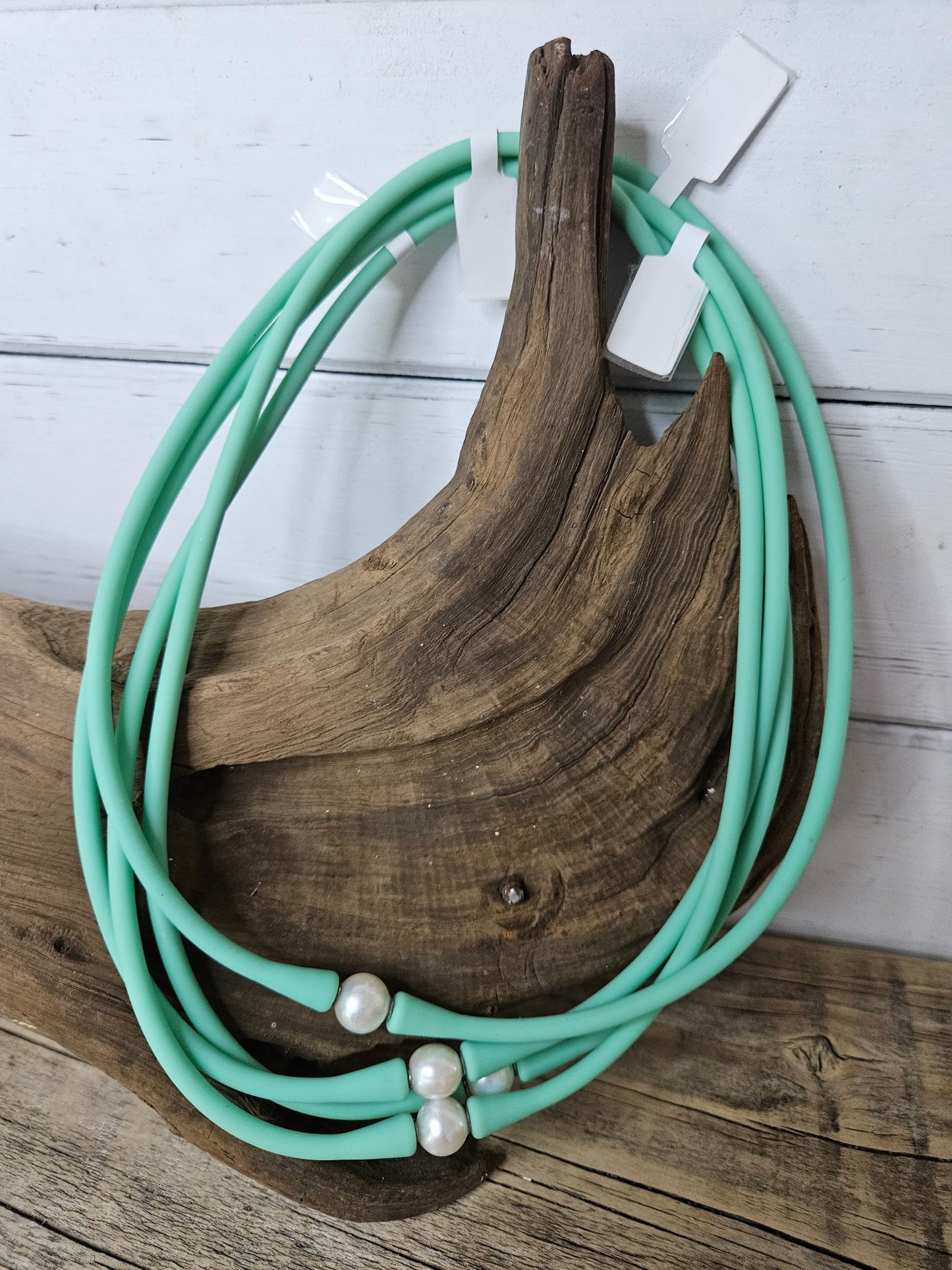 Sea Green Silicone Stretchy Freshwater Pearl Choker Necklace