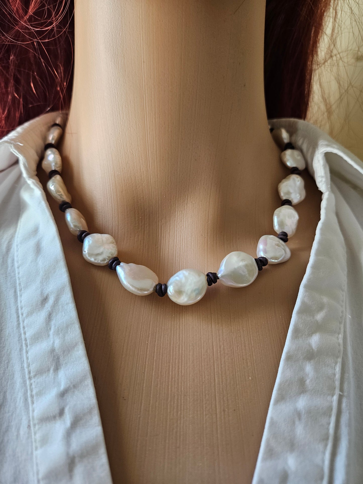Freshwater Coin Pearl Knotted Choker Necklace on Brown Leather Cord