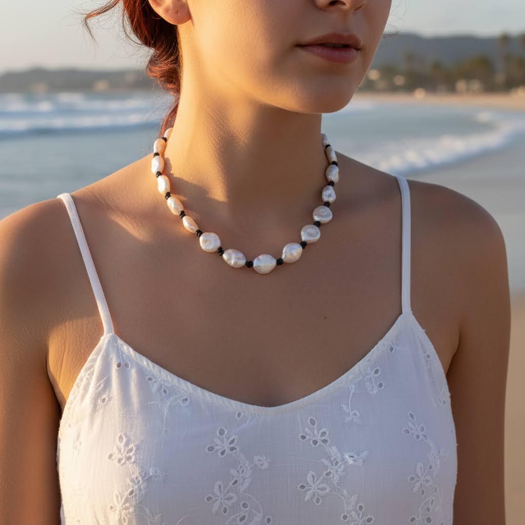 Freshwater Coin Pearl Knotted Choker Necklace on Brown Leather Cord