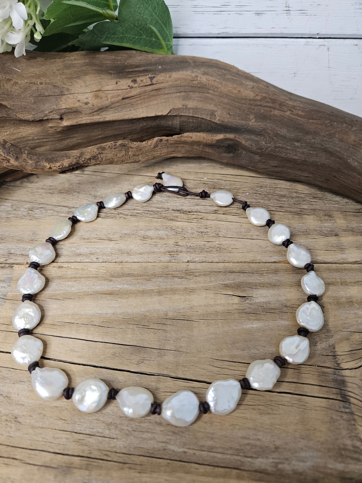 Freshwater Coin Pearl Knotted Choker Necklace on Brown Leather Cord