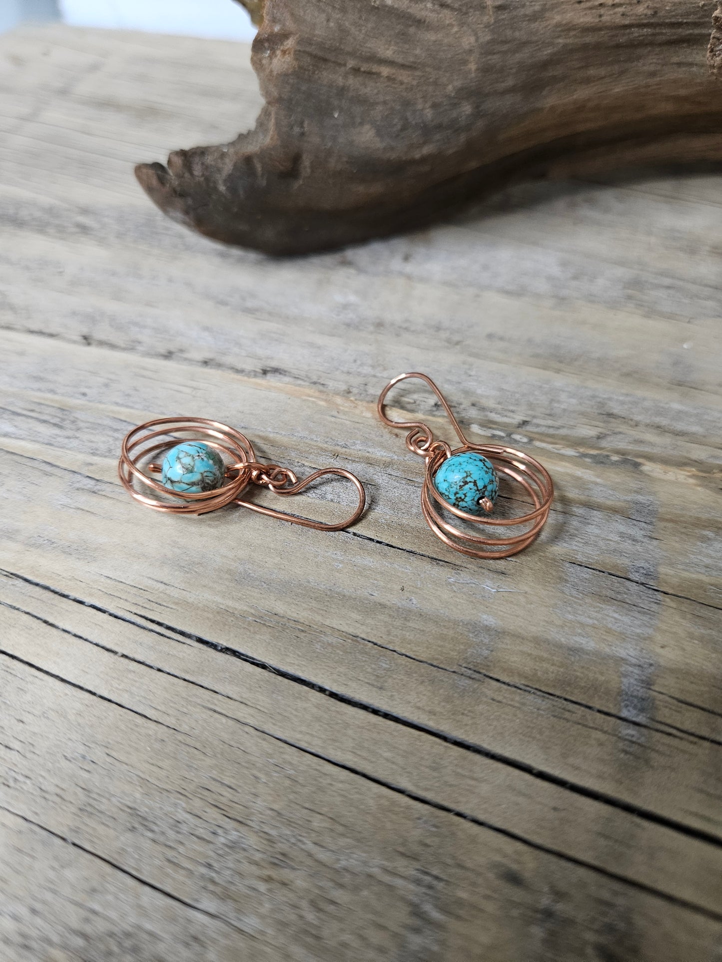 Copper Wire Dangle Earrings - with Turquoise color or Sodalite Stones