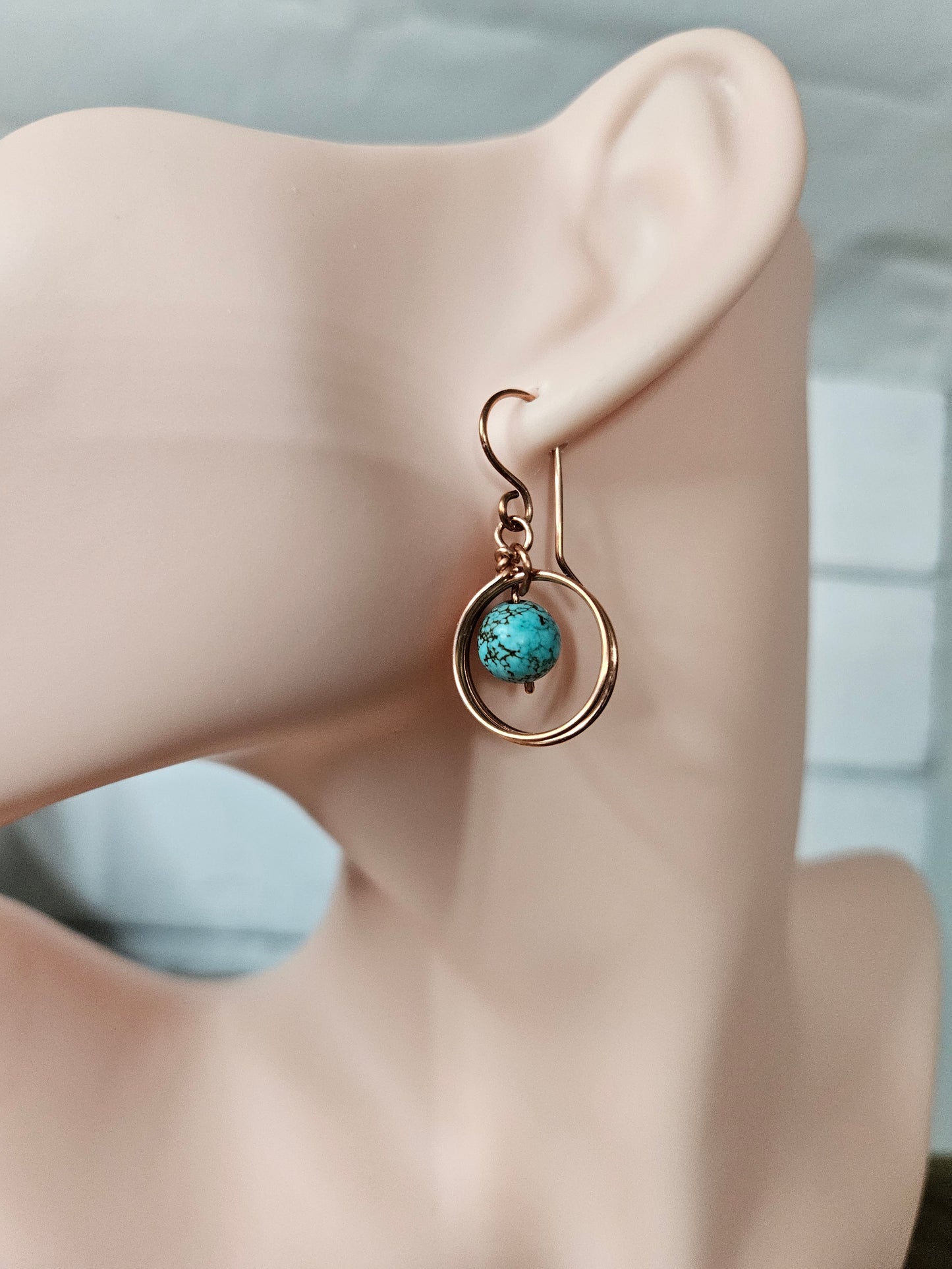 Copper Wire Dangle Earrings - with Turquoise color or Sodalite Stones