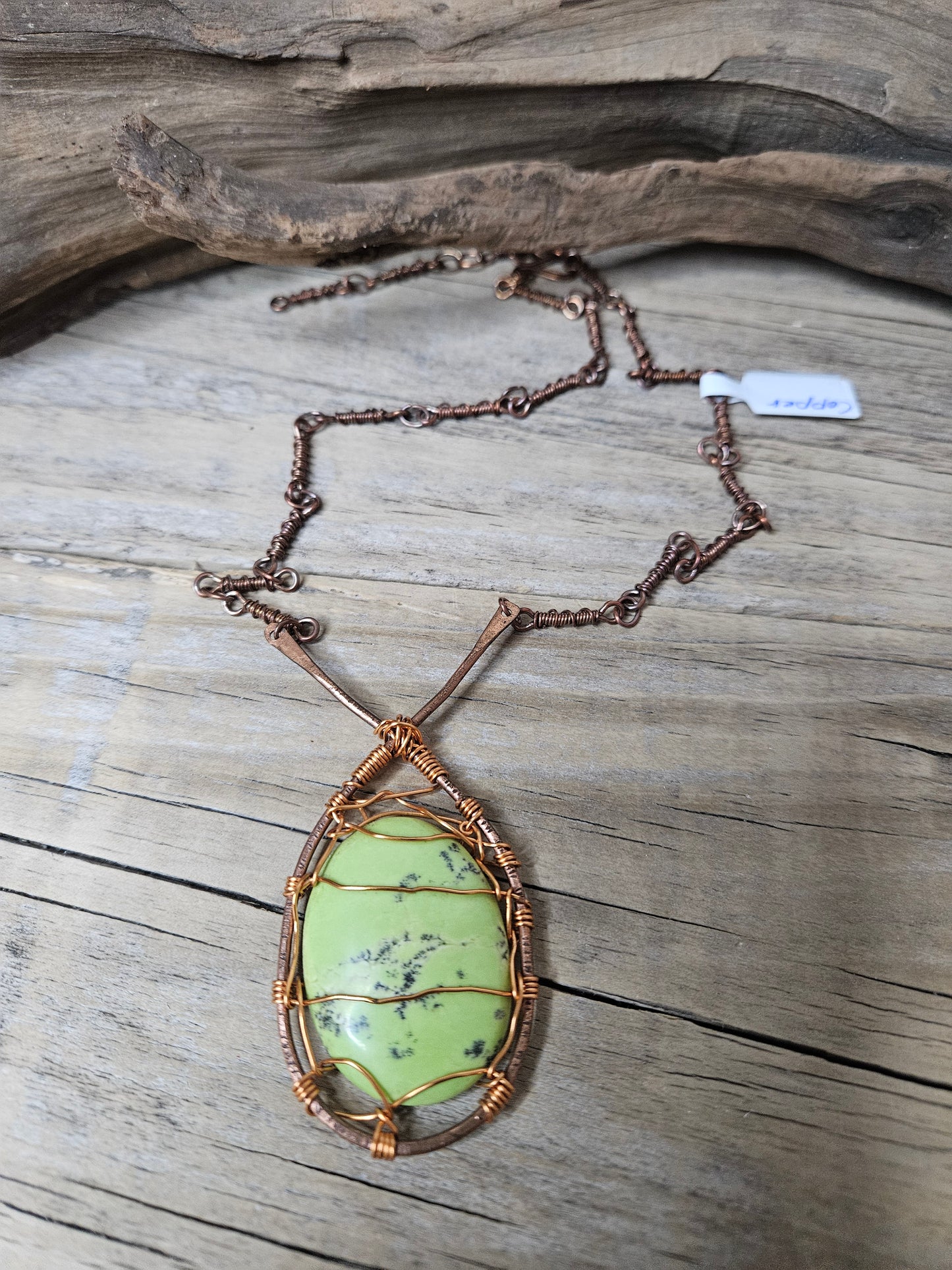 Wire Wrapped Green Howlite Stone Pendant Necklace