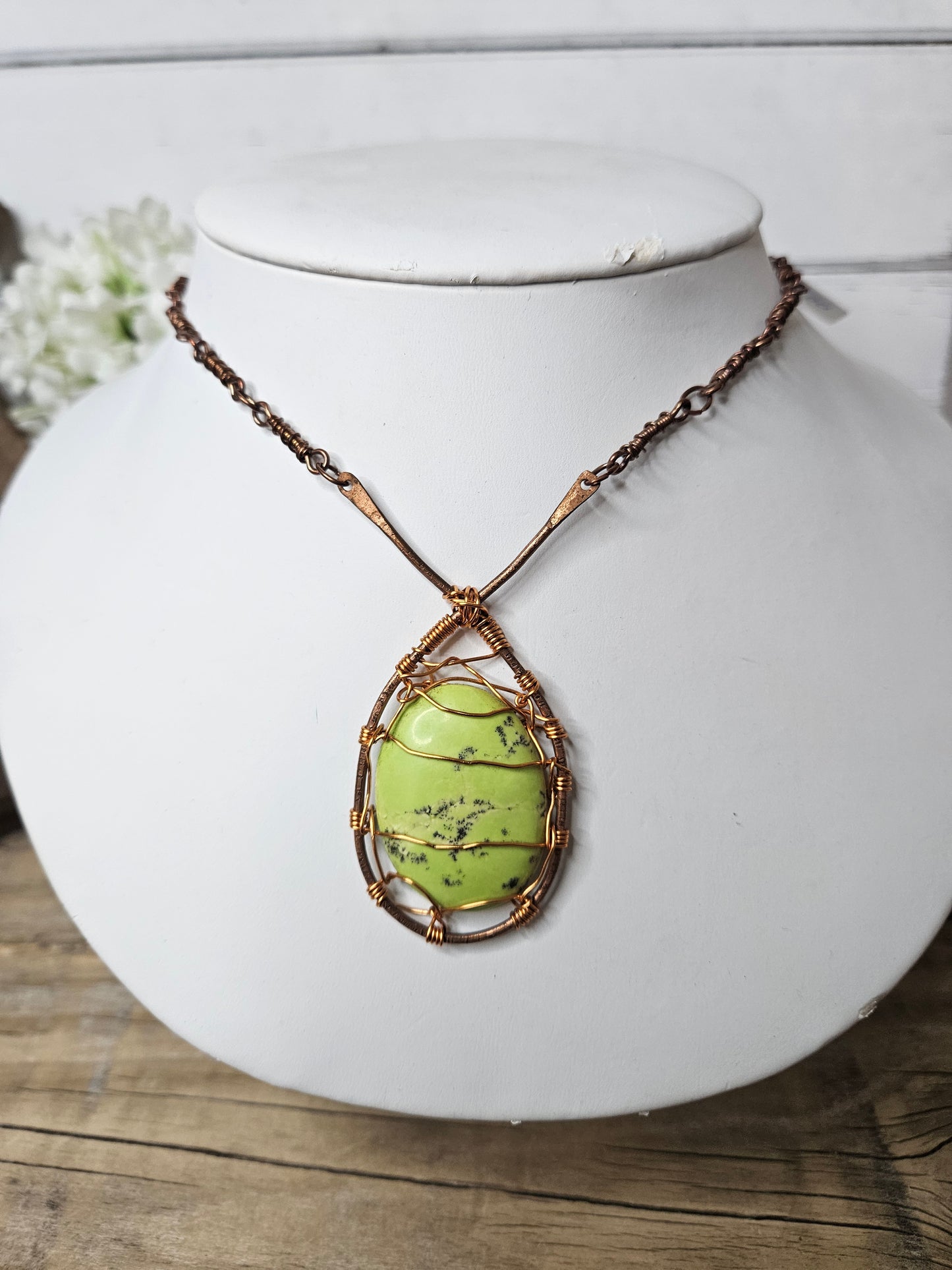 Wire Wrapped Green Howlite Stone Pendant Necklace
