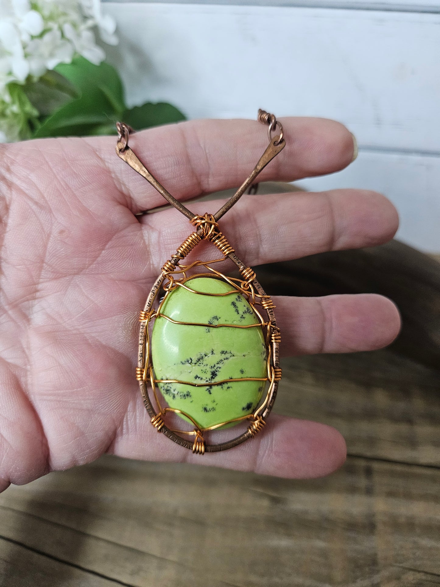 Wire Wrapped Green Howlite Stone Pendant Necklace