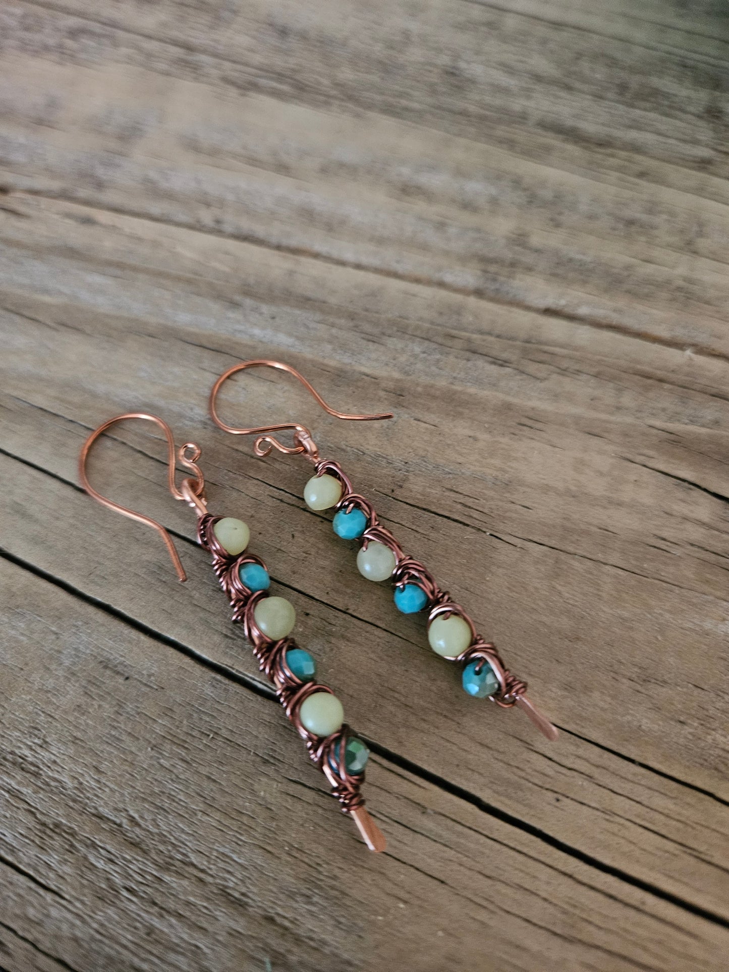 Copper Turquoise Color Sparkle Wire wrapped  Dangle Earrings