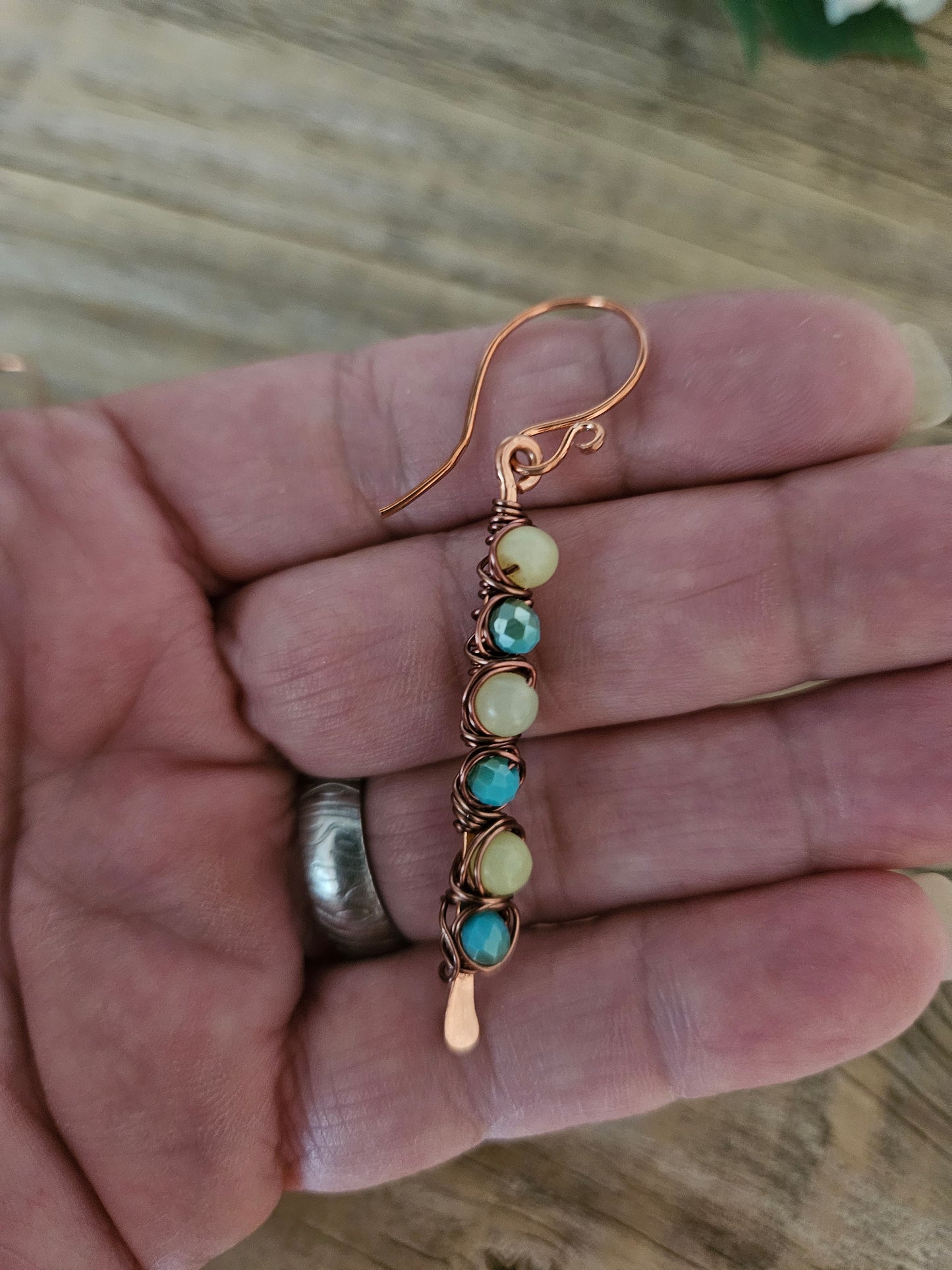 Copper Turquoise Color Sparkle Wire wrapped  Dangle Earrings