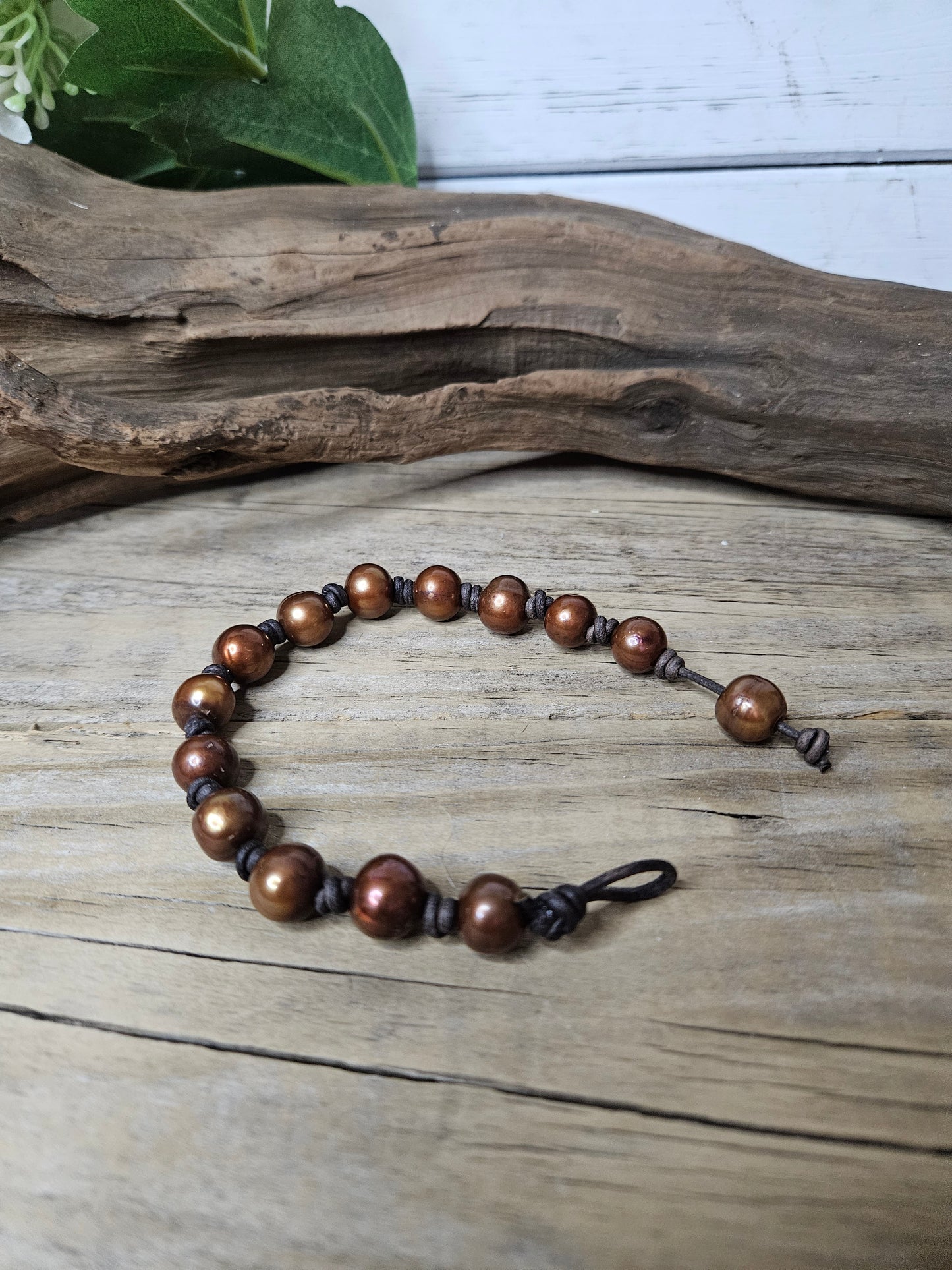 Boho Leather Pearl-Copper Freshwater Pearl Knotted Bracelet