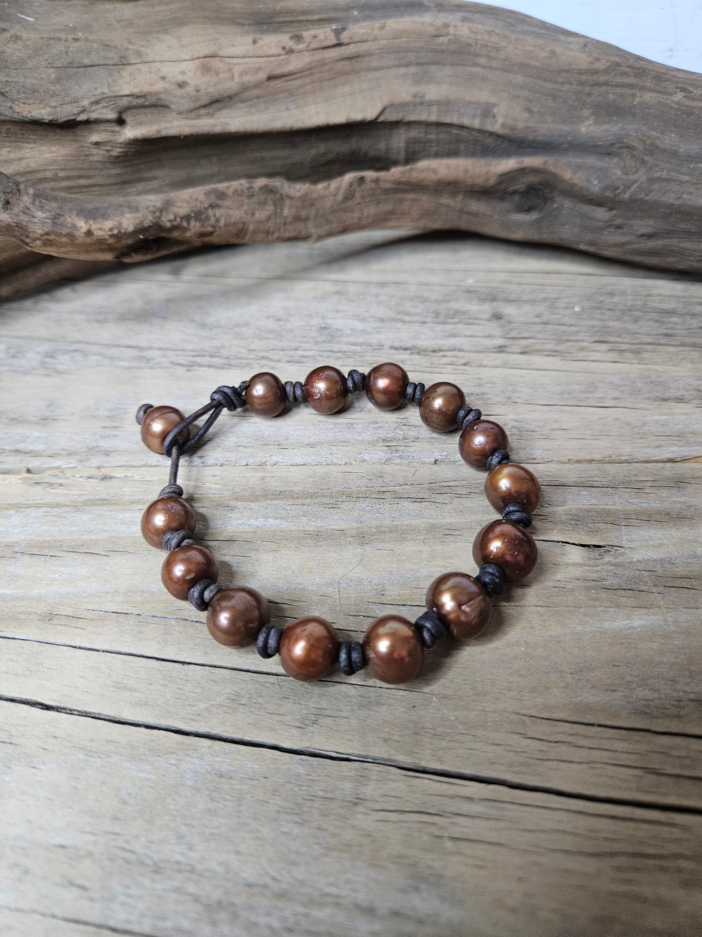 Boho Leather Pearl-Copper Freshwater Pearl Knotted Bracelet