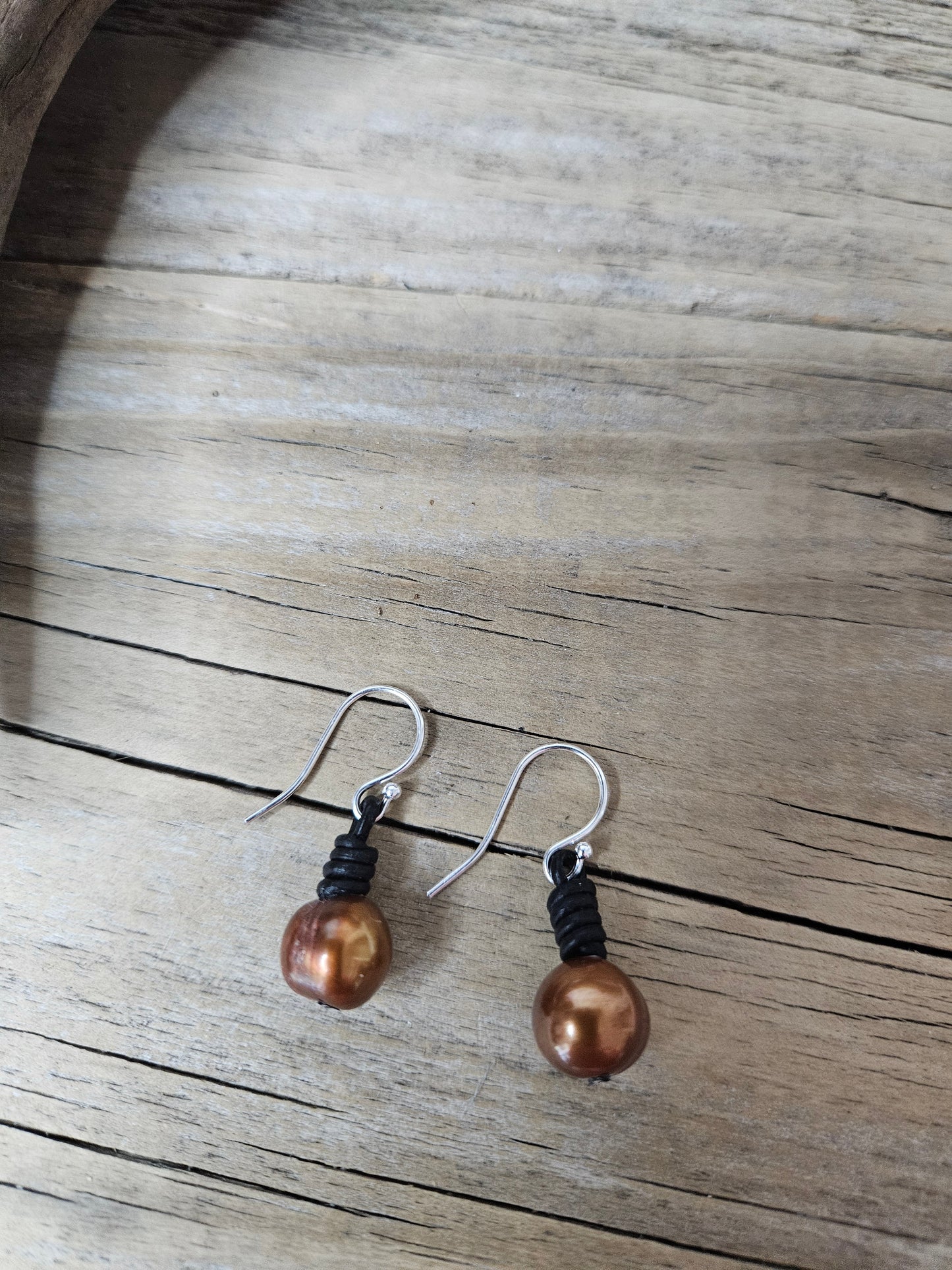Copper Freshwater Pearl Black Leather Dangle Earrings