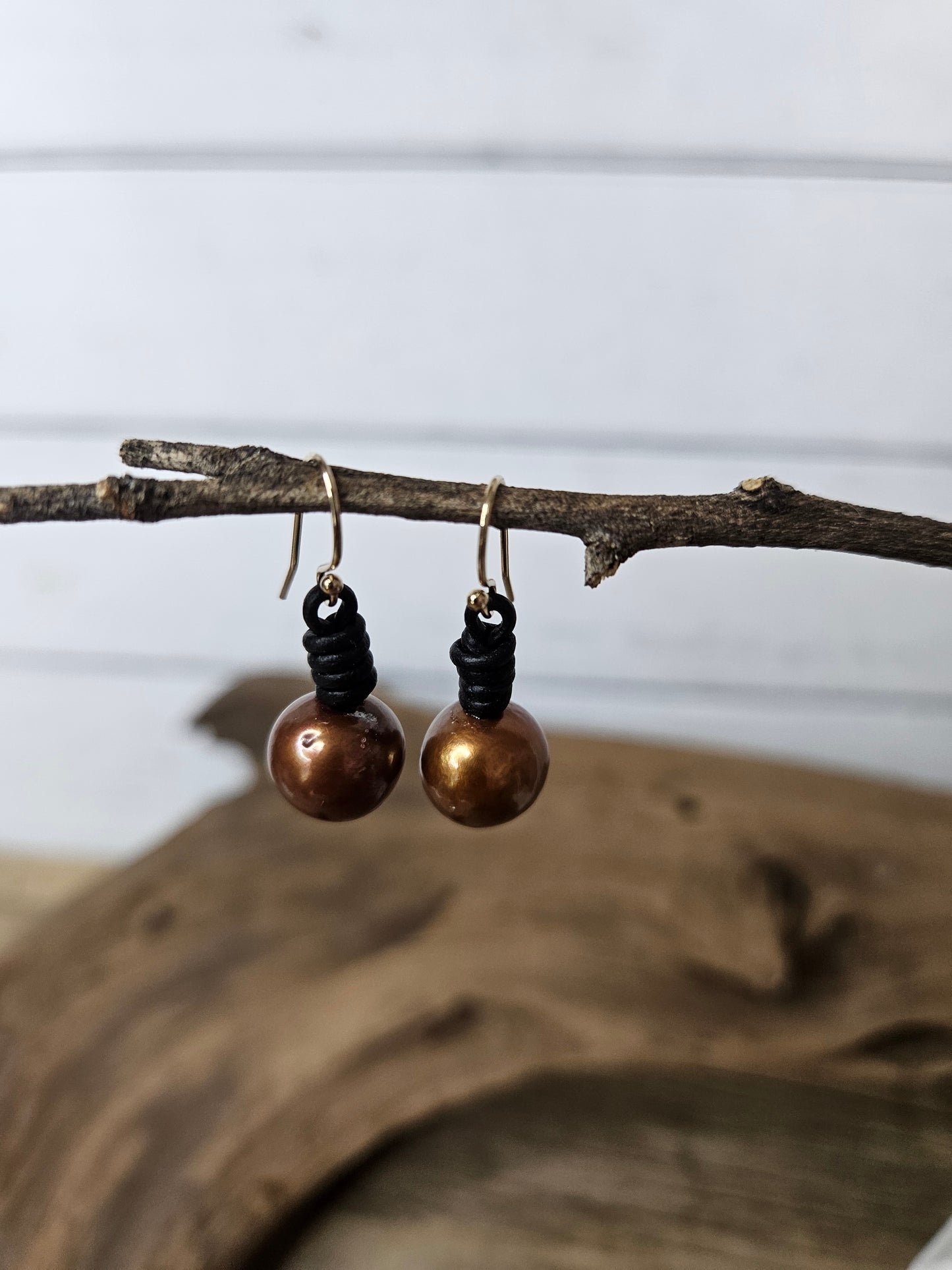 Copper Freshwater Pearl Black Leather Dangle Earrings