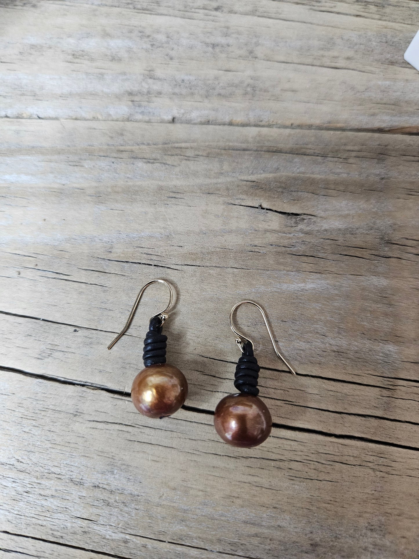 Copper Freshwater Pearl Black Leather Dangle Earrings