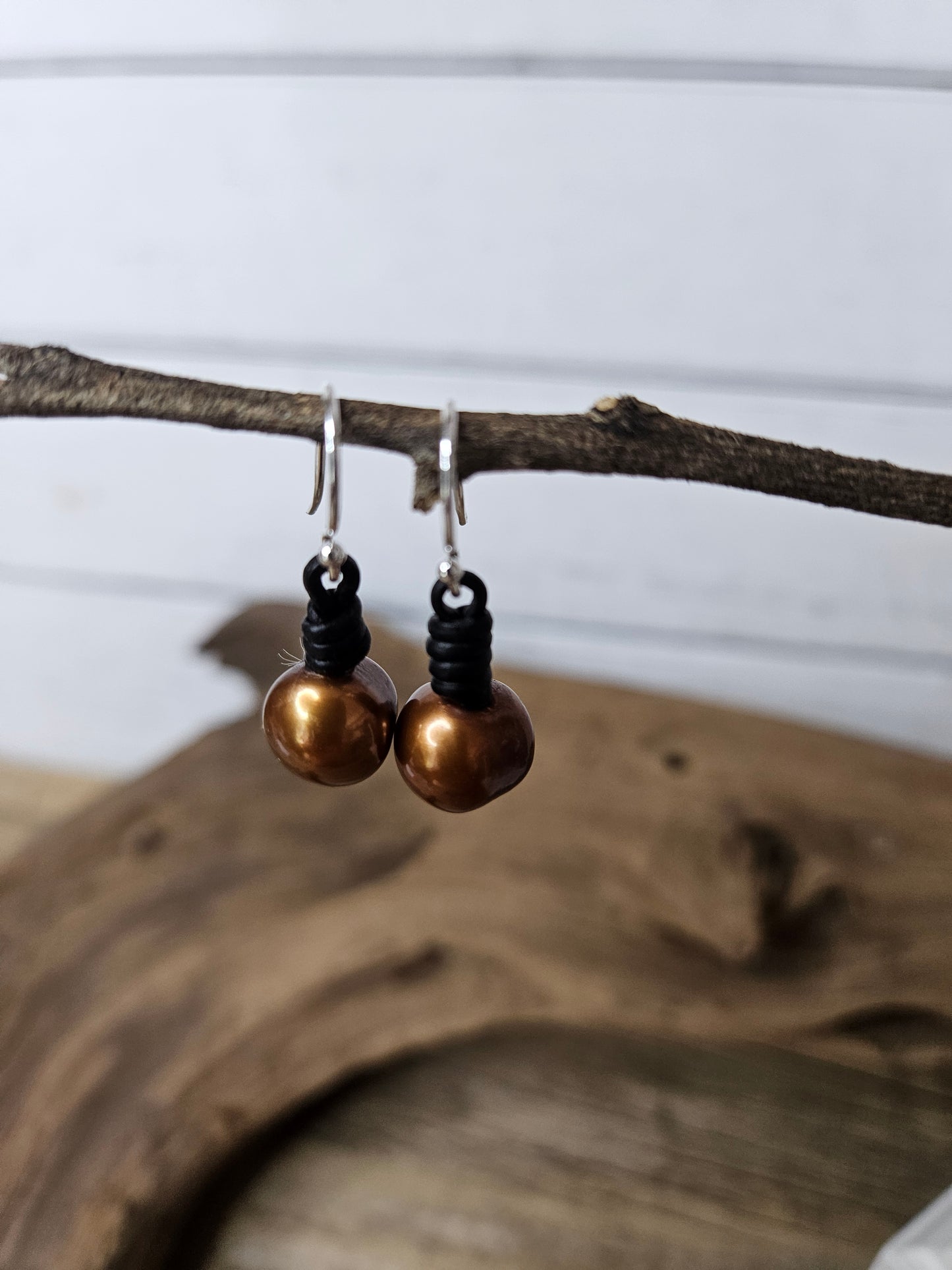 Copper Freshwater Pearl Black Leather Dangle Earrings