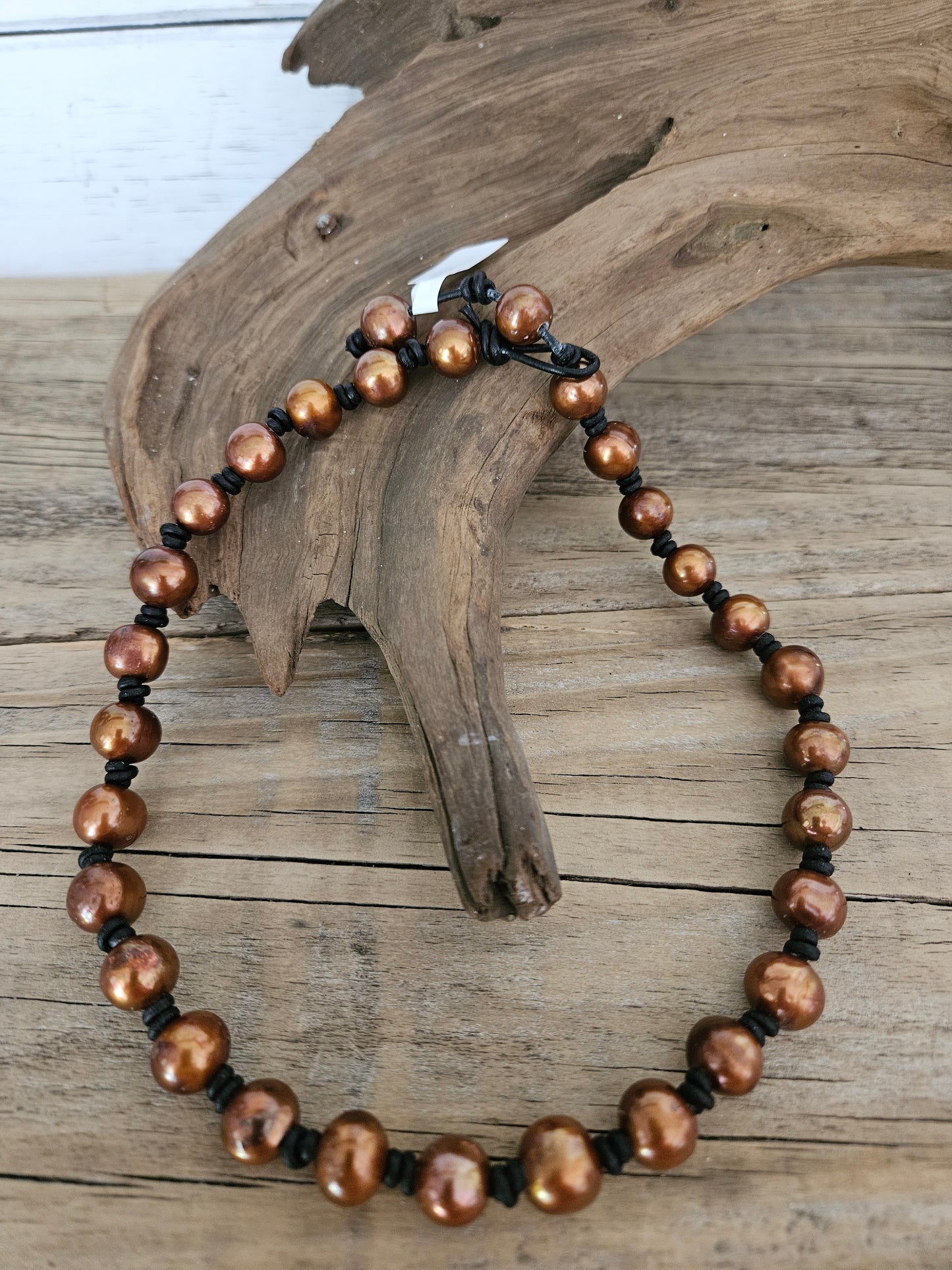 Copper Freshwater Pearls on Black Leather Necklace