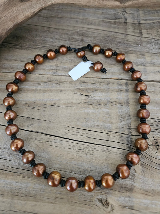 Copper Freshwater Pearls on Black Leather Necklace